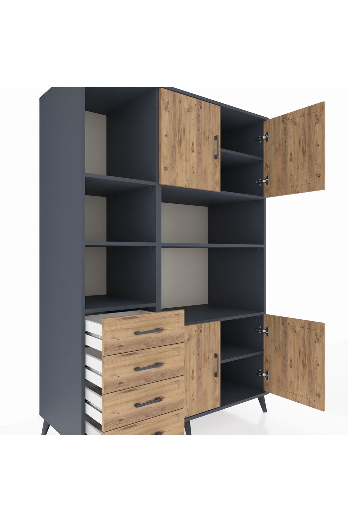 Kronos Dolap 8 Raflı 4 Çekmeceli 4 Kapaklı 132x59x195 Antrasit-Çam/Çam