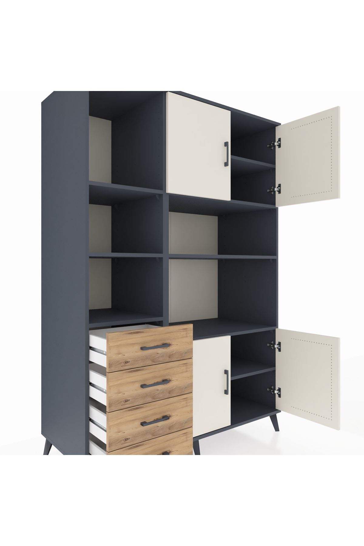 Kronos Dolap 8 Raflı 4 Çekmeceli 4 Kapaklı 132x59x195 Antrasit-Aytaşı/Çam