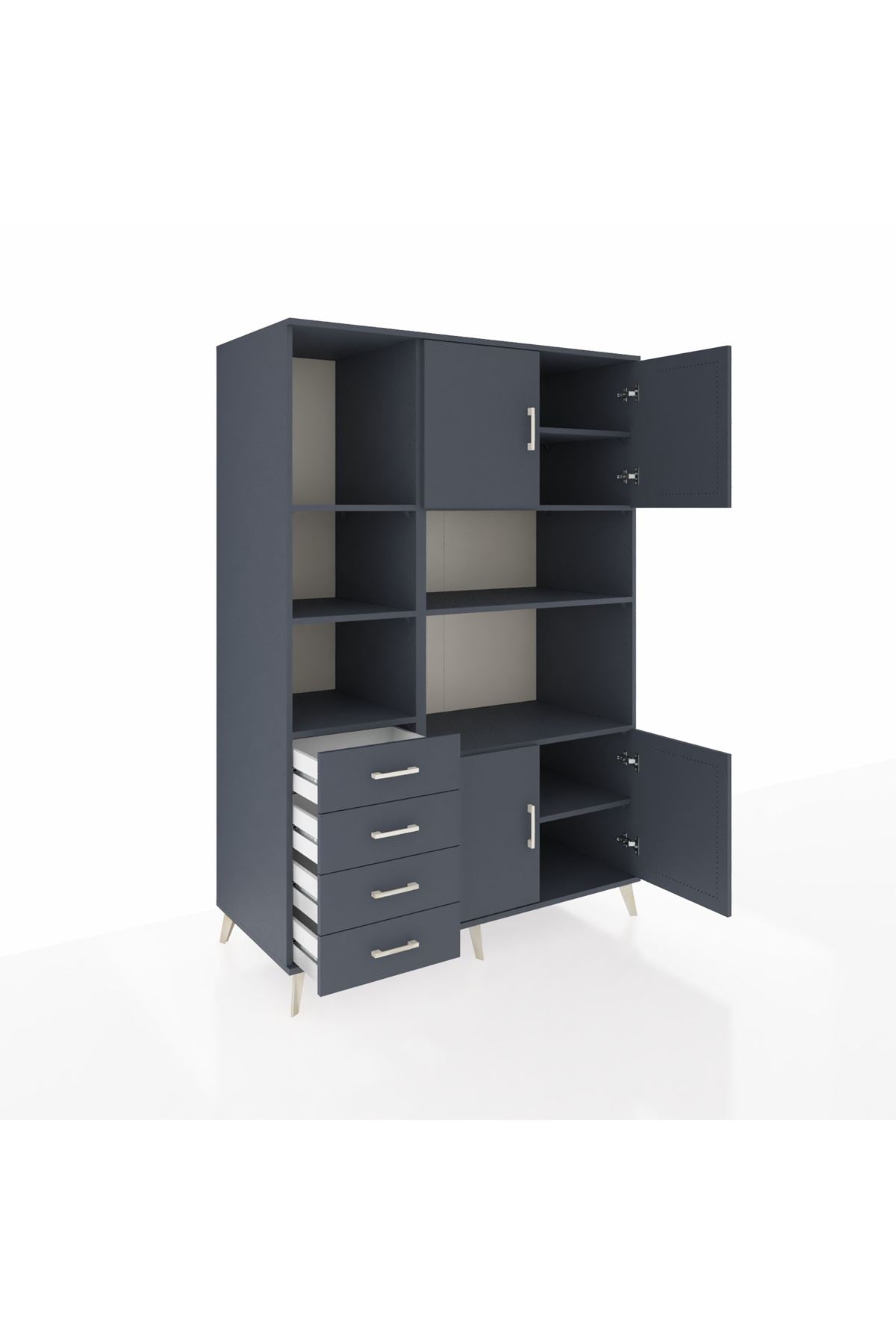 Kronos Dolap 8 Raflı 4 Çekmeceli 4 Kapaklı 132x59x195 Antrasit-Antrasit/Antrasit