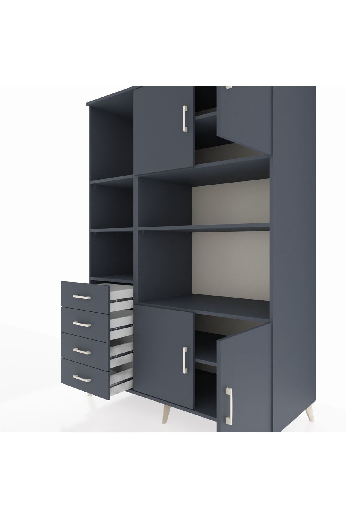 Kronos Dolap 8 Raflı 4 Çekmeceli 4 Kapaklı 132x59x195 Antrasit-Antrasit/Antrasit