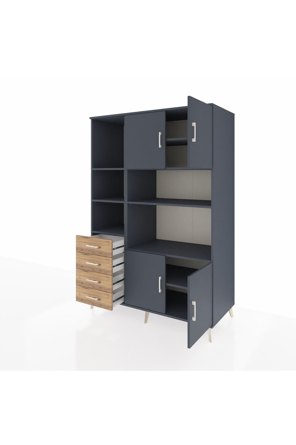 Kronos Dolap 8 Raflı 4 Çekmeceli 4 Kapaklı 132x59x195 Antrasit-Antrasit/Çam