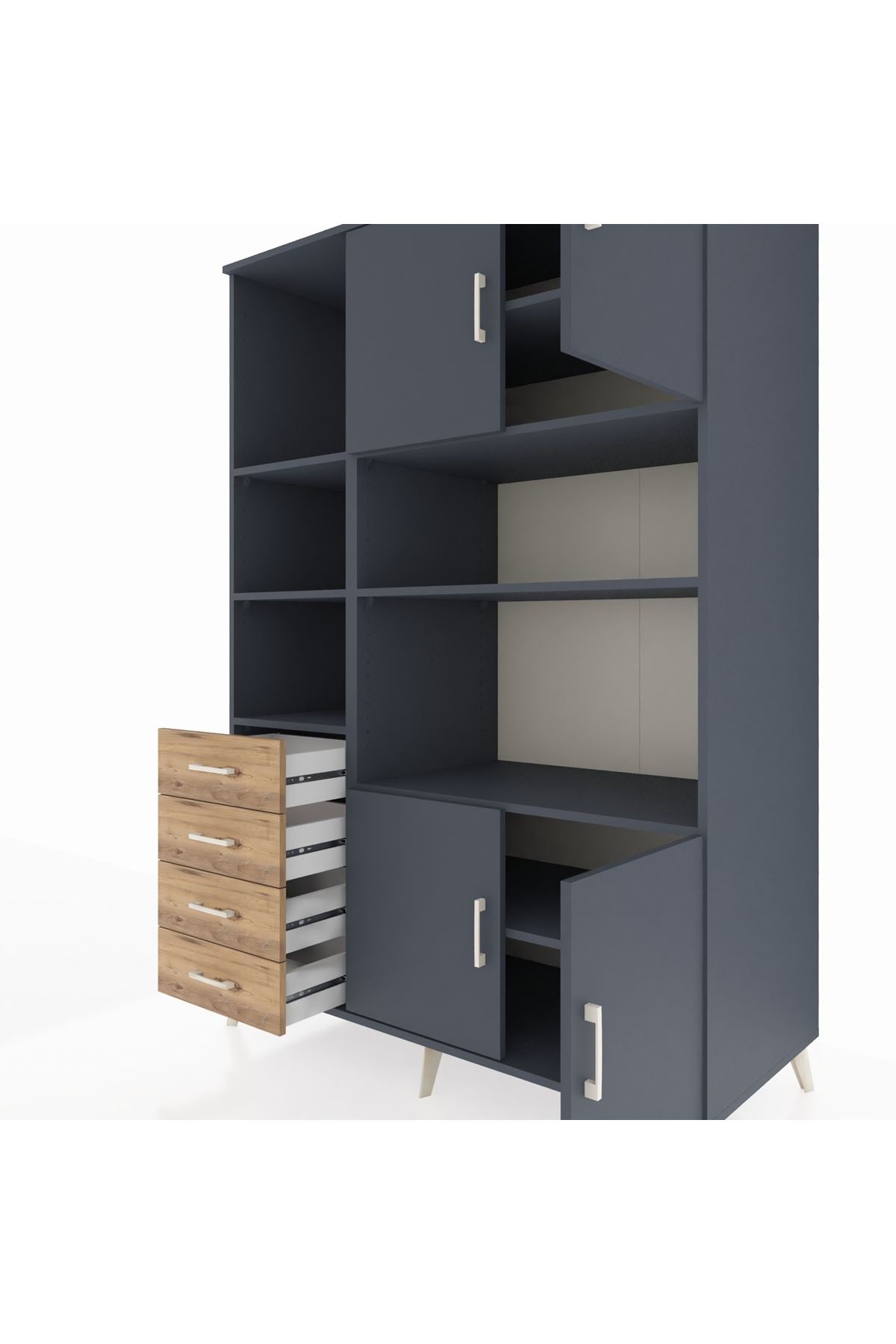 Kronos Dolap 8 Raflı 4 Çekmeceli 4 Kapaklı 132x59x195 Antrasit-Antrasit/Çam