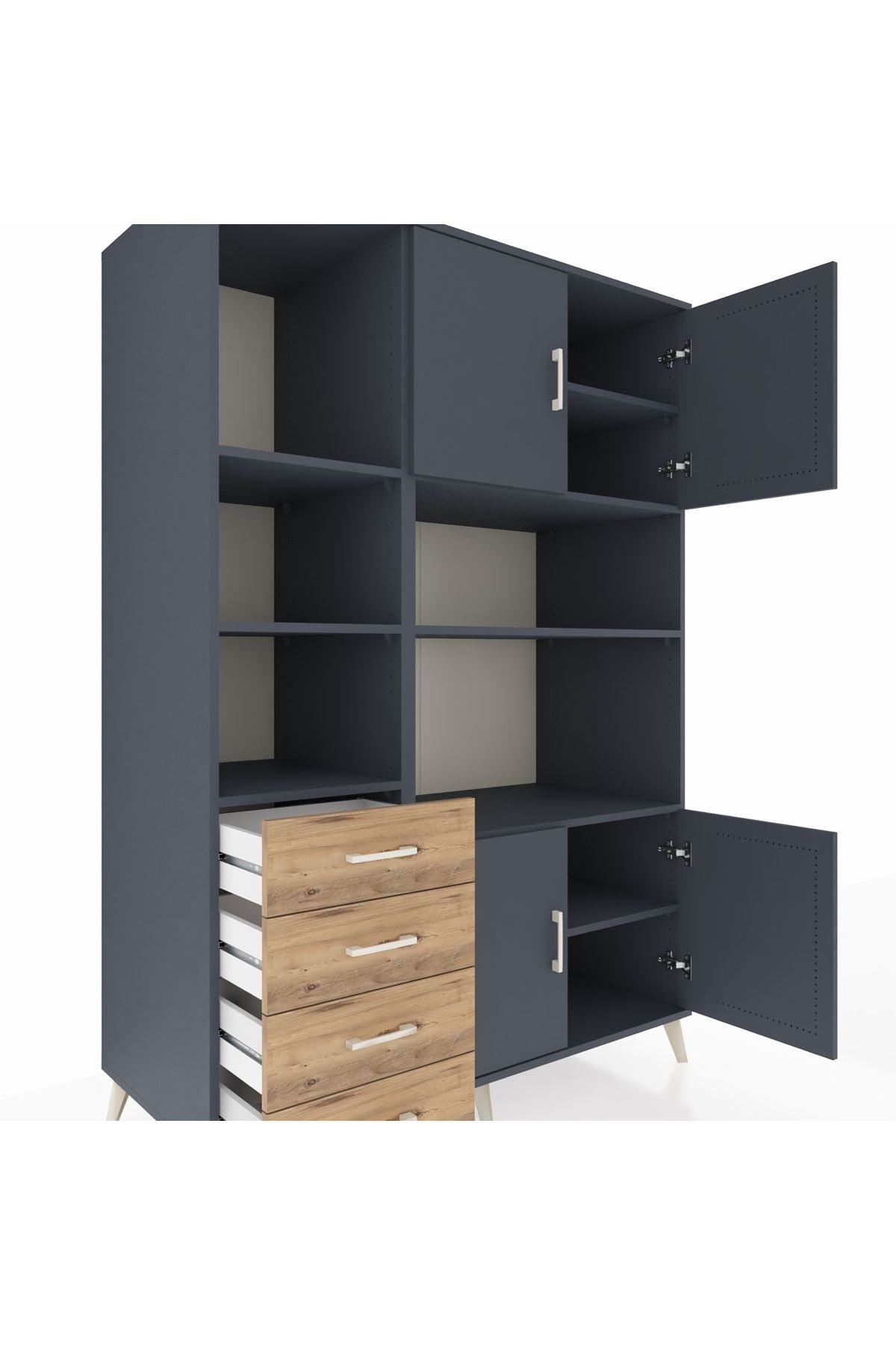 Kronos Dolap 8 Raflı 4 Çekmeceli 4 Kapaklı 132x59x195 Antrasit-Antrasit/Çam