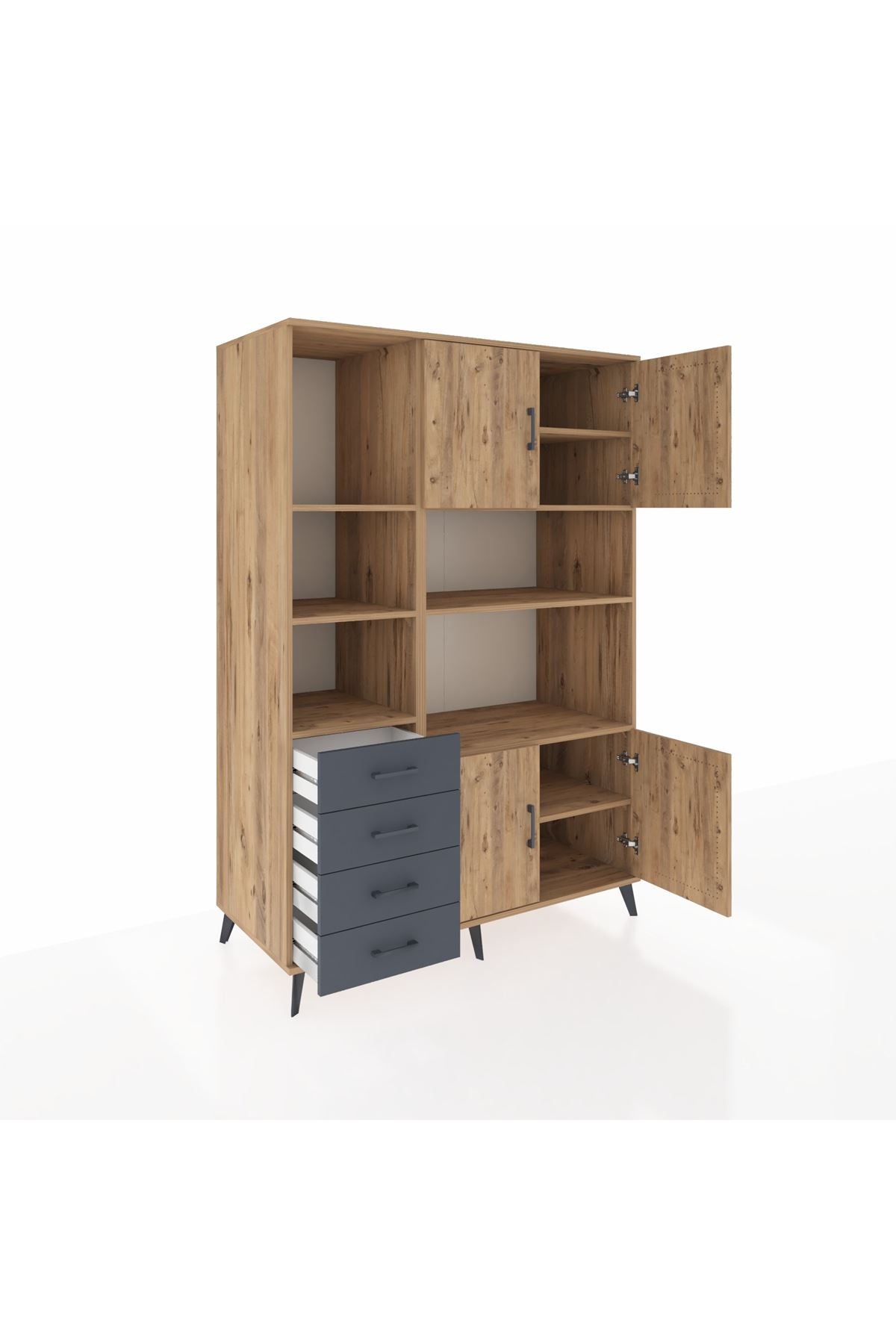 Kronos Dolap 8 Raflı 4 Çekmeceli 4 Kapaklı 132x59x195 Çam-Çam/Antrasit