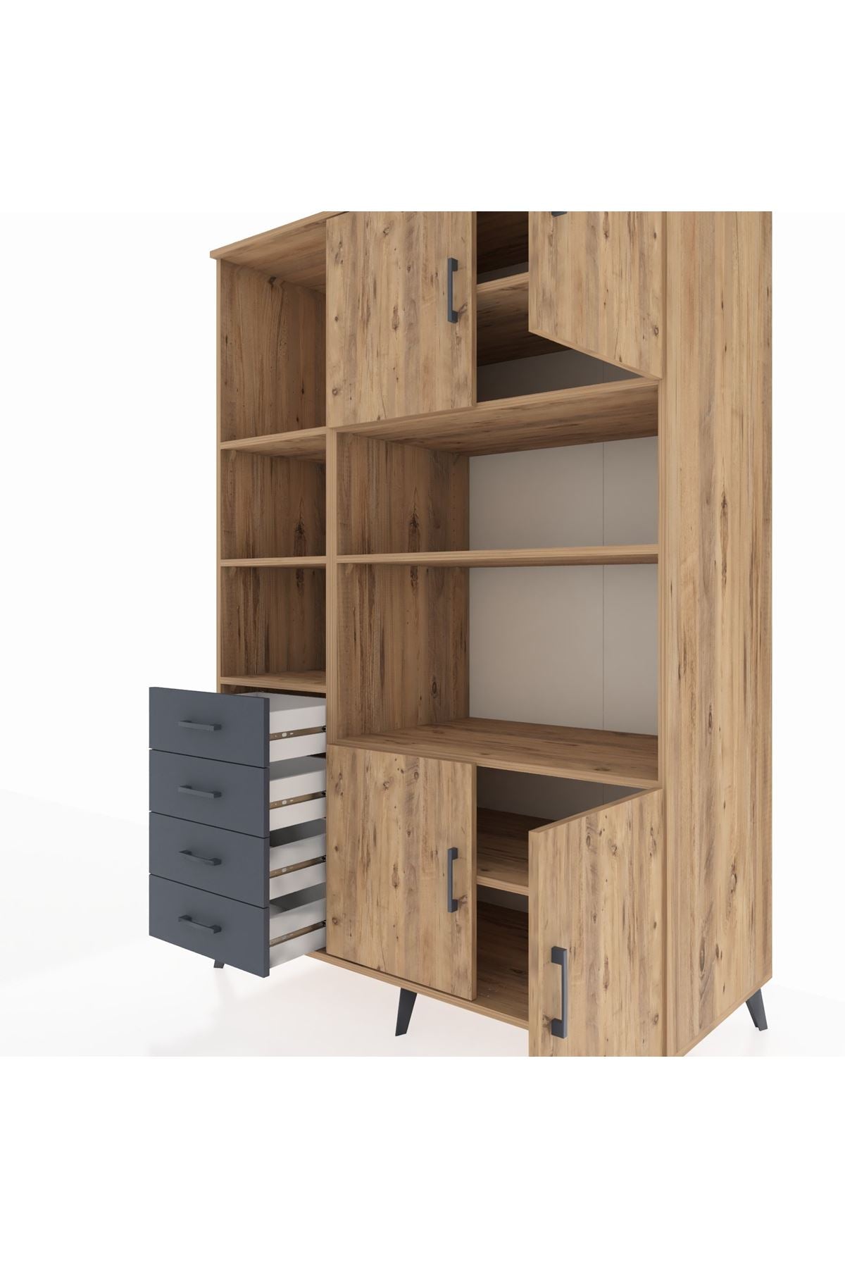 Kronos Dolap 8 Raflı 4 Çekmeceli 4 Kapaklı 132x59x195 Çam-Çam/Antrasit