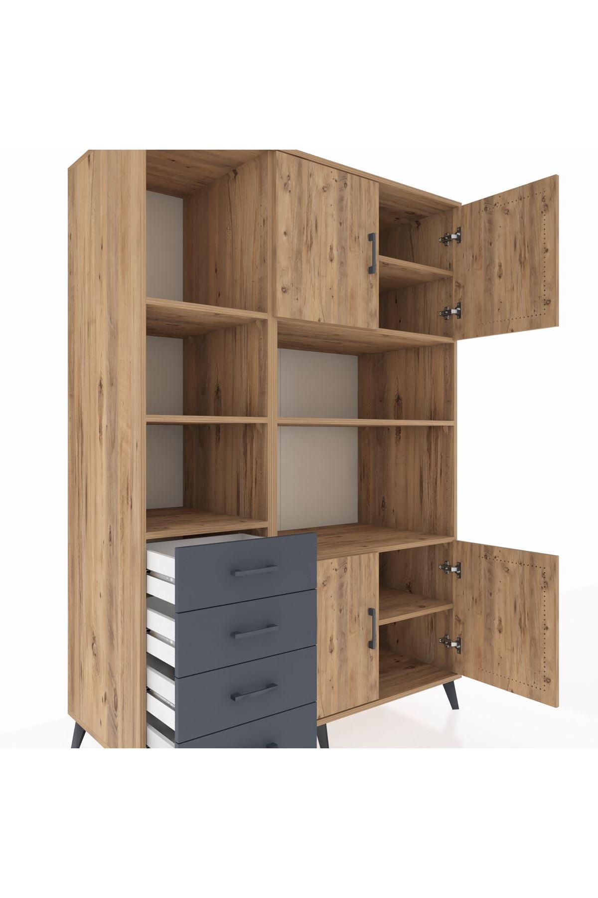 Kronos Dolap 8 Raflı 4 Çekmeceli 4 Kapaklı 132x59x195 Çam-Çam/Antrasit