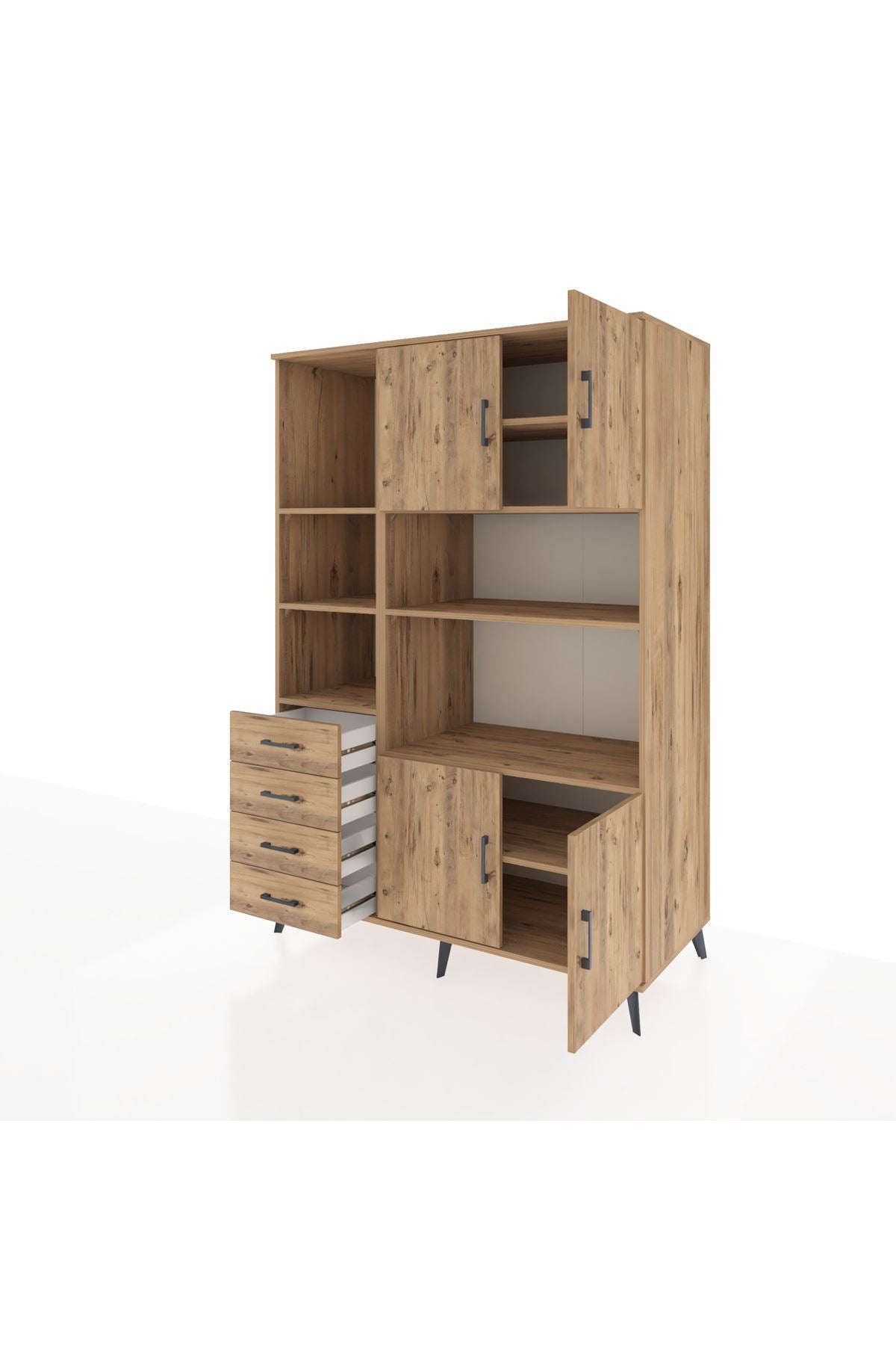 Kronos Dolap 8 Raflı 4 Çekmeceli 4 Kapaklı 132x59x195 Çam-Çam/Çam