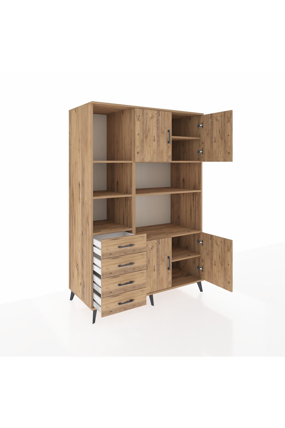 Kronos Dolap 8 Raflı 4 Çekmeceli 4 Kapaklı 132x59x195 Çam-Çam/Çam