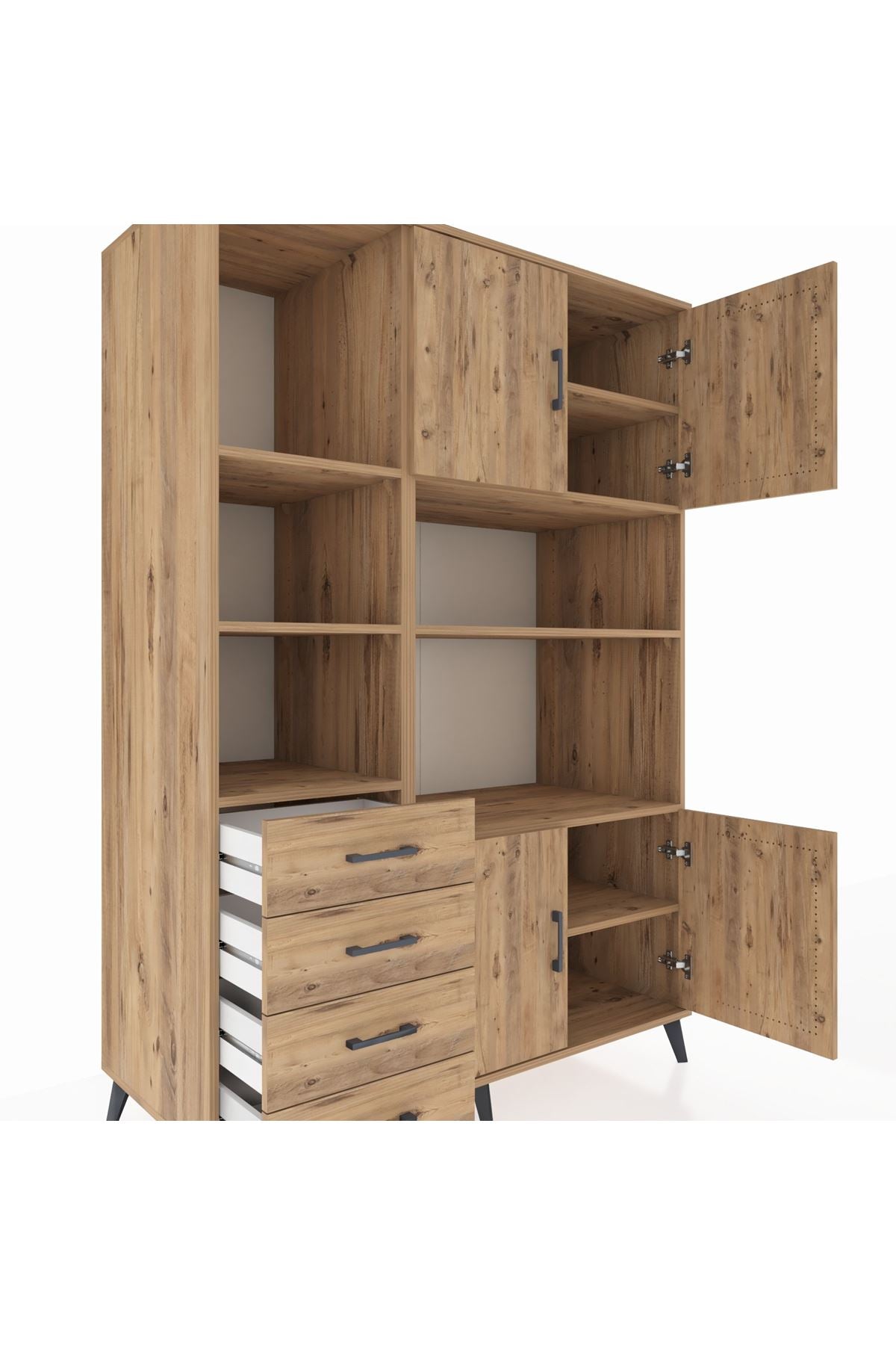 Kronos Dolap 8 Raflı 4 Çekmeceli 4 Kapaklı 132x59x195 Çam-Çam/Çam