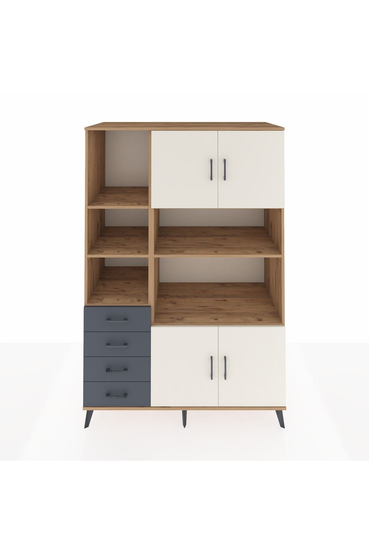 Kronos Dolap 8 Raflı 4 Çekmeceli 4 Kapaklı 132x59x195 Çam-Aytaşı/Antrasit