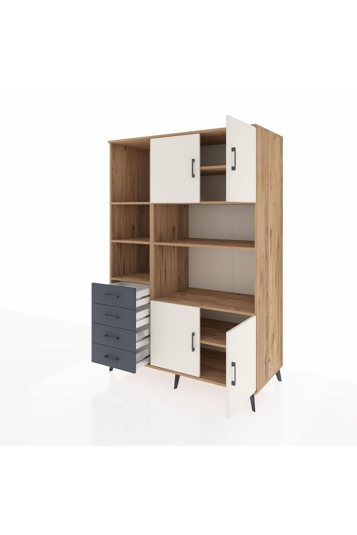 Kronos Dolap 8 Raflı 4 Çekmeceli 4 Kapaklı 132x59x195 Çam-Aytaşı/Antrasit