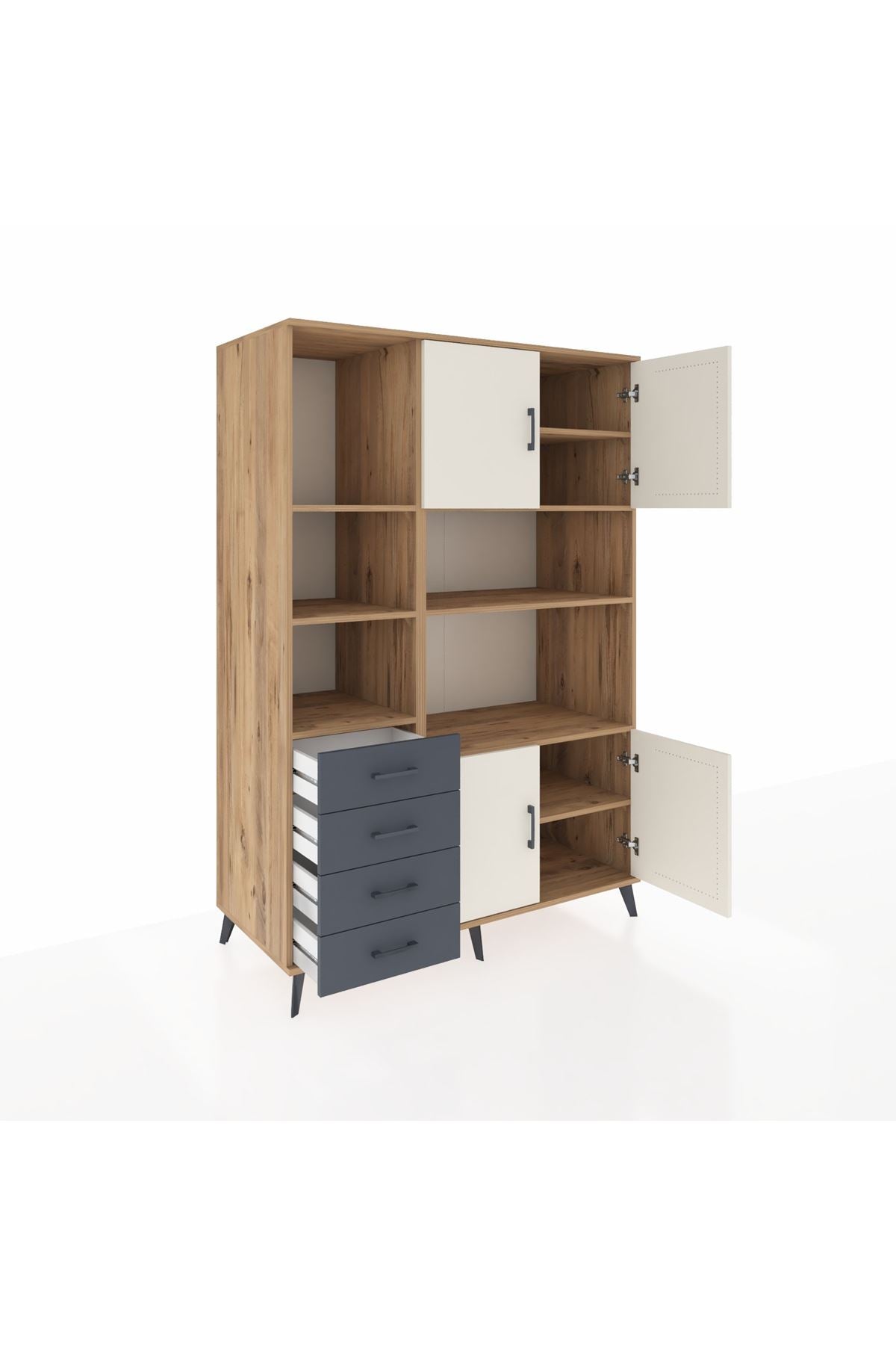 Kronos Dolap 8 Raflı 4 Çekmeceli 4 Kapaklı 132x59x195 Çam-Aytaşı/Antrasit