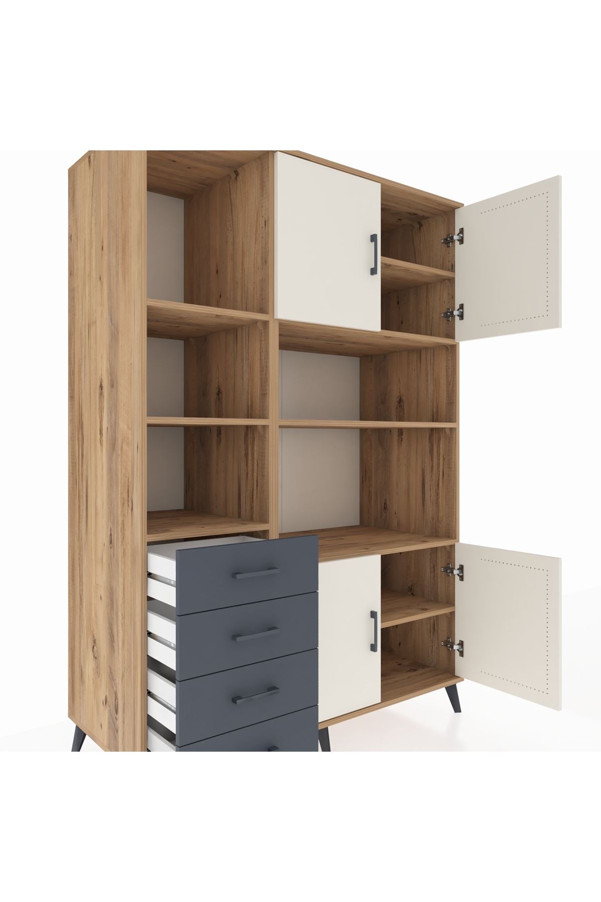 Kronos Dolap 8 Raflı 4 Çekmeceli 4 Kapaklı 132x59x195 Çam-Aytaşı/Antrasit