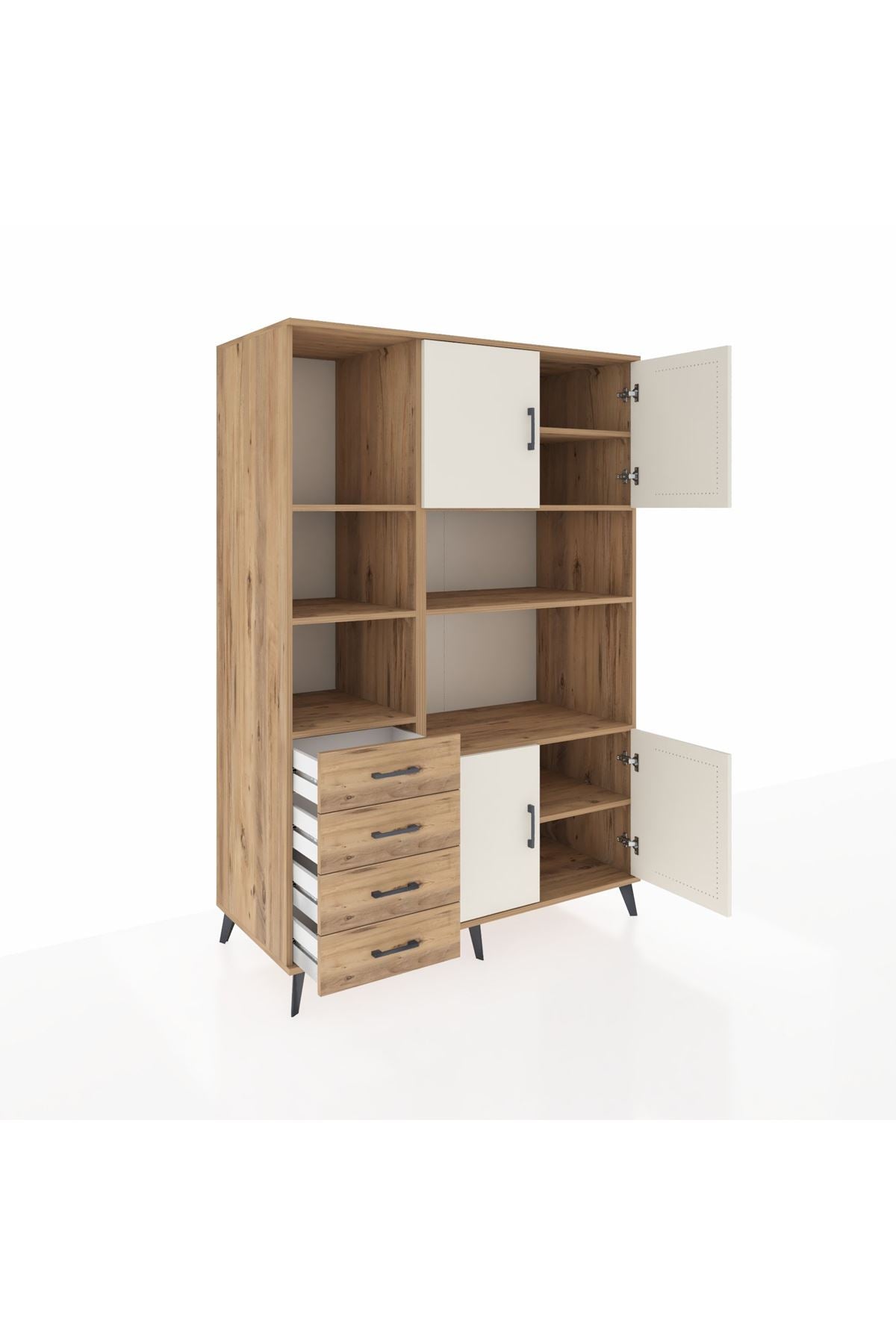 Kronos Dolap 8 Raflı 4 Çekmeceli 4 Kapaklı 132x59x195 Çam-Aytaşı/Çam
