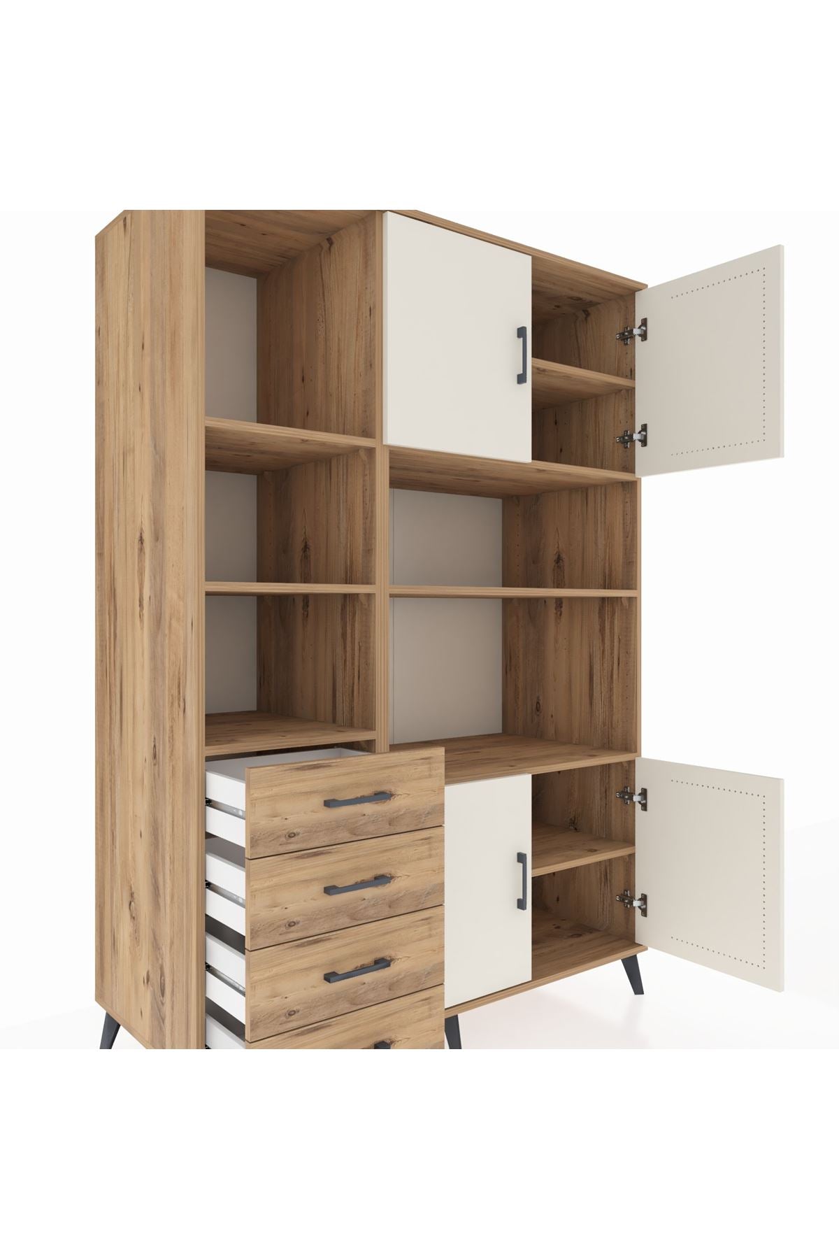 Kronos Dolap 8 Raflı 4 Çekmeceli 4 Kapaklı 132x59x195 Çam-Aytaşı/Çam