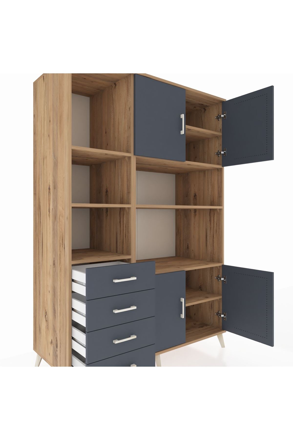 Kronos Dolap 8 Raflı 4 Çekmeceli 4 Kapaklı 132x59x195 Çam-Antrasit/Antrasit