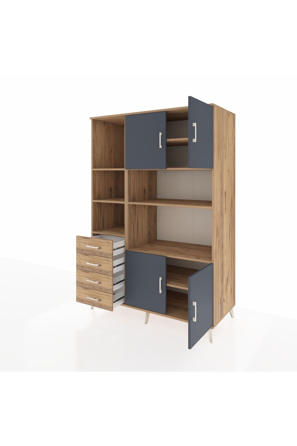 Kronos Dolap 8 Raflı 4 Çekmeceli 4 Kapaklı 132x59x195 Çam-Antrasit/Çam