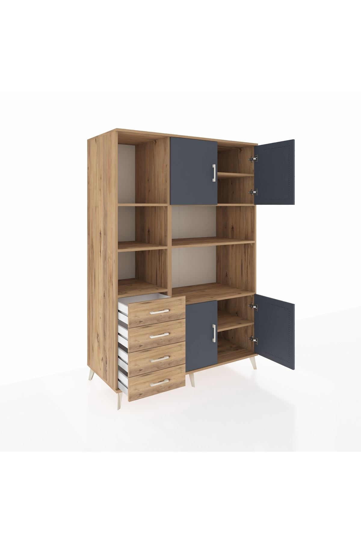 Kronos Dolap 8 Raflı 4 Çekmeceli 4 Kapaklı 132x59x195 Çam-Antrasit/Çam