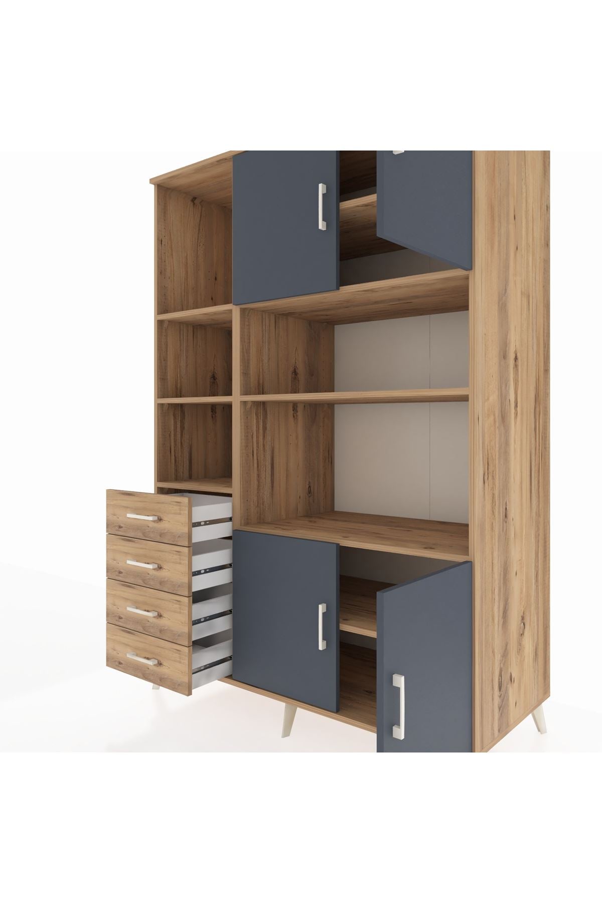 Kronos Dolap 8 Raflı 4 Çekmeceli 4 Kapaklı 132x59x195 Çam-Antrasit/Çam