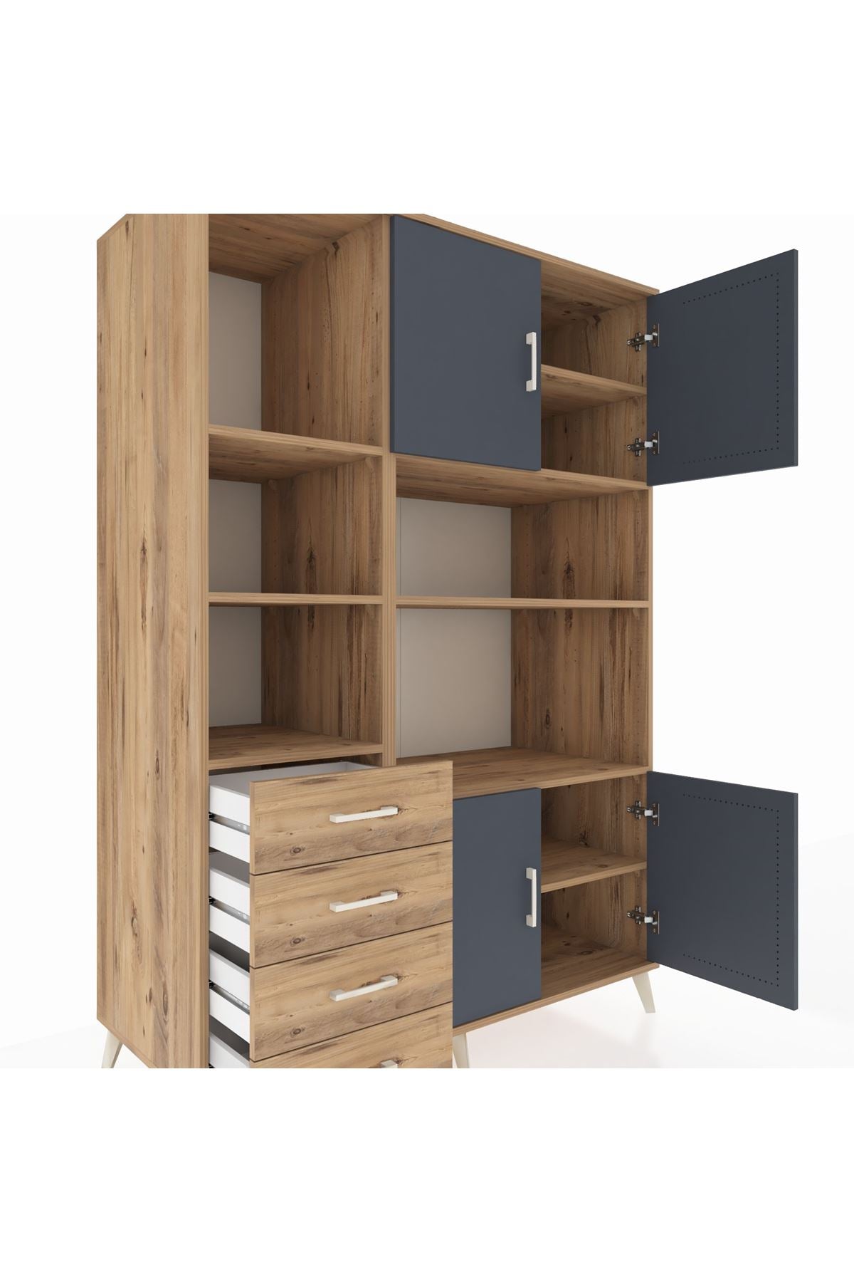 Kronos Dolap 8 Raflı 4 Çekmeceli 4 Kapaklı 132x59x195 Çam-Antrasit/Çam