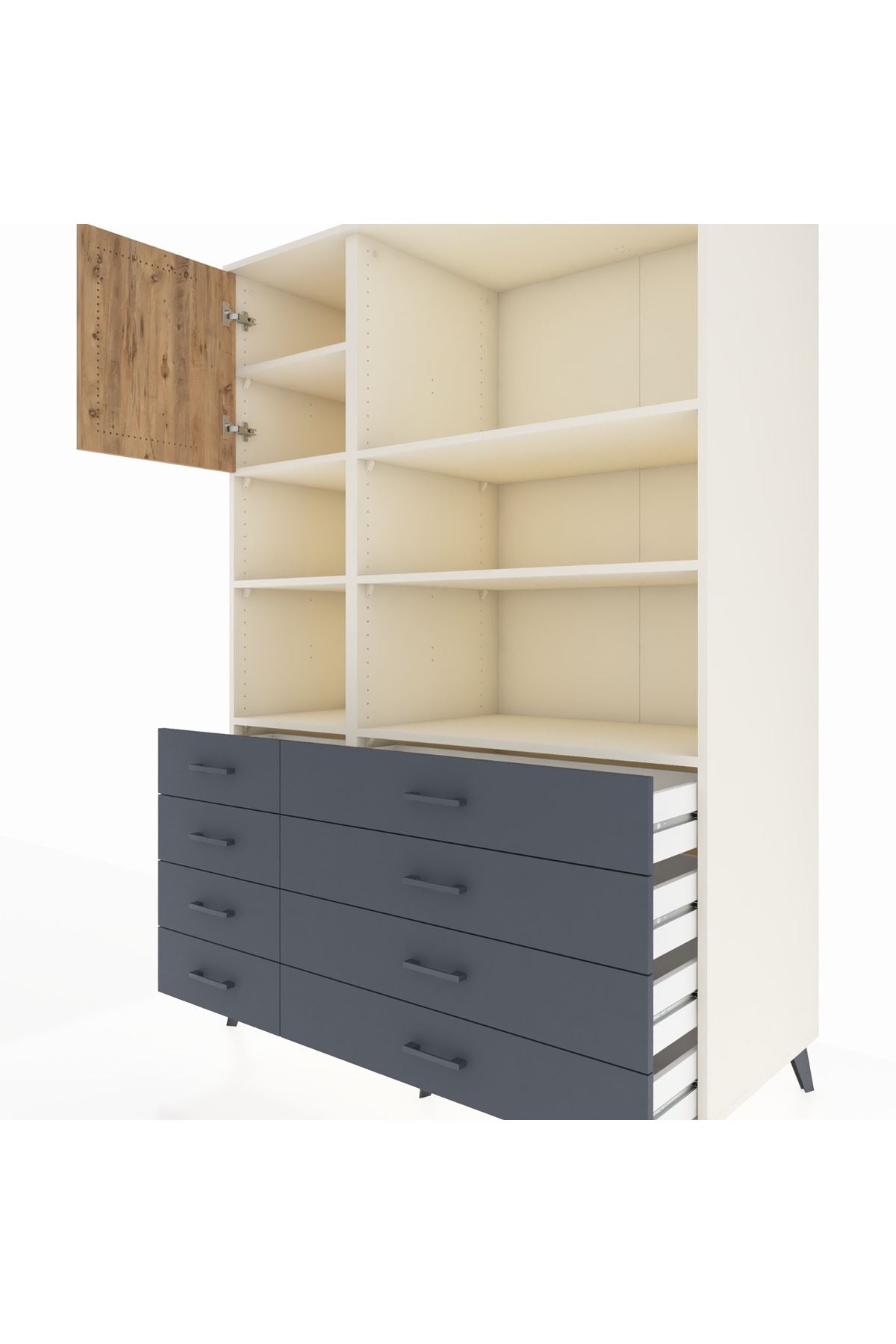 Kronos Dolap 7 Raflı 8 Çekmeceli Tek Kapaklı 132x59x195 Aytaşı-Çam/Antrasit