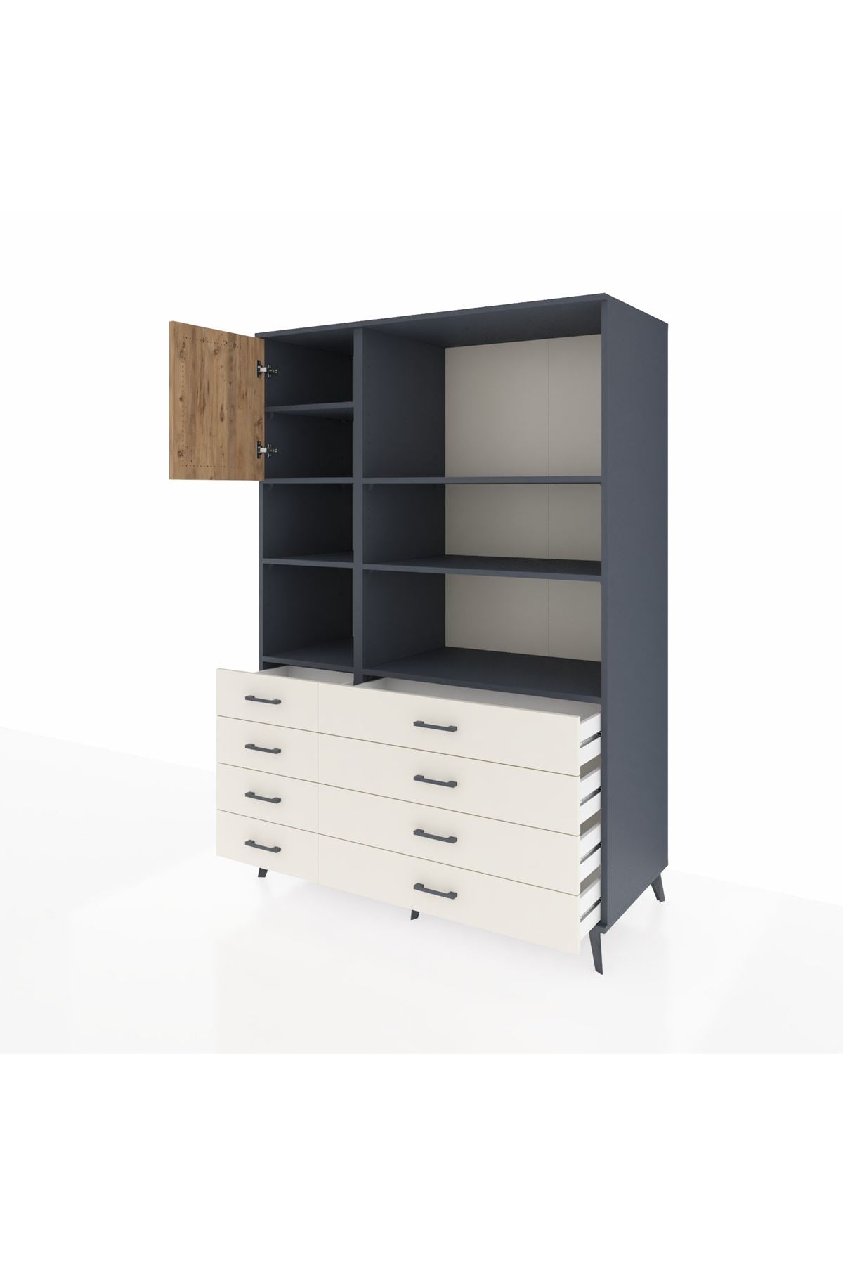 Kronos Dolap 7 Raflı 8 Çekmeceli Tek Kapaklı 132x59x195 Antrasit-Çam/Aytaşı
