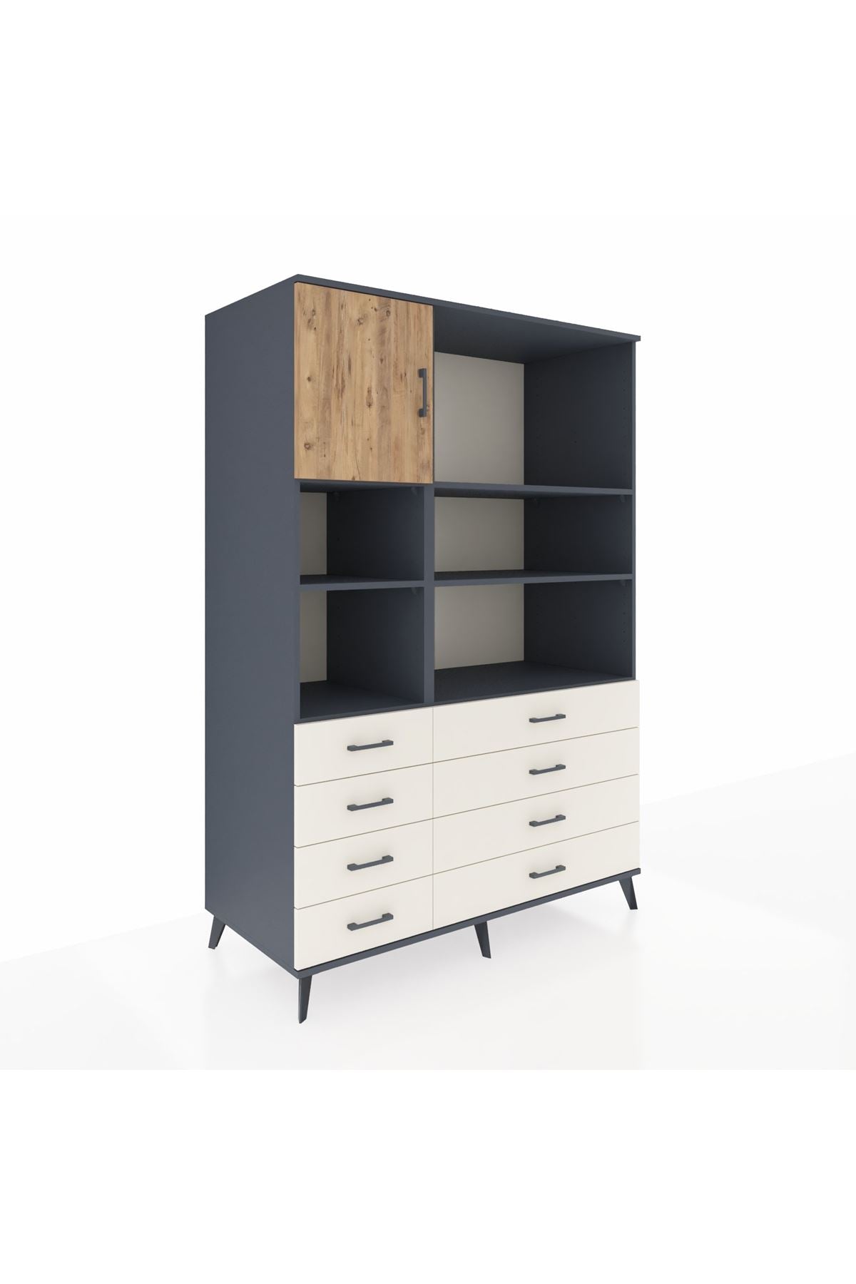 Kronos Dolap 7 Raflı 8 Çekmeceli Tek Kapaklı 132x59x195 Antrasit-Çam/Aytaşı