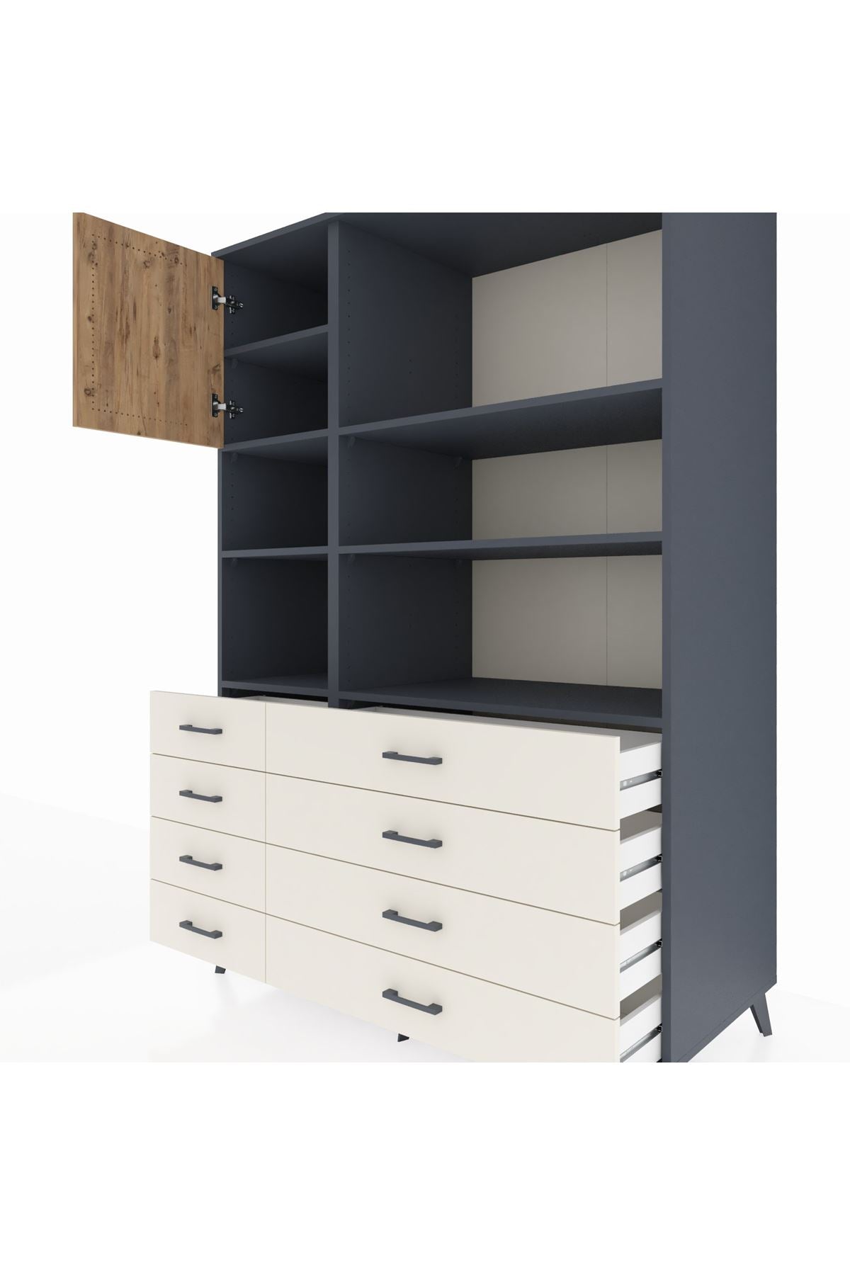 Kronos Dolap 7 Raflı 8 Çekmeceli Tek Kapaklı 132x59x195 Antrasit-Çam/Aytaşı