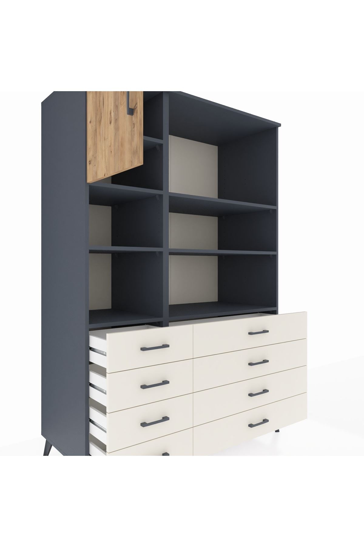 Kronos Dolap 7 Raflı 8 Çekmeceli Tek Kapaklı 132x59x195 Antrasit-Çam/Aytaşı