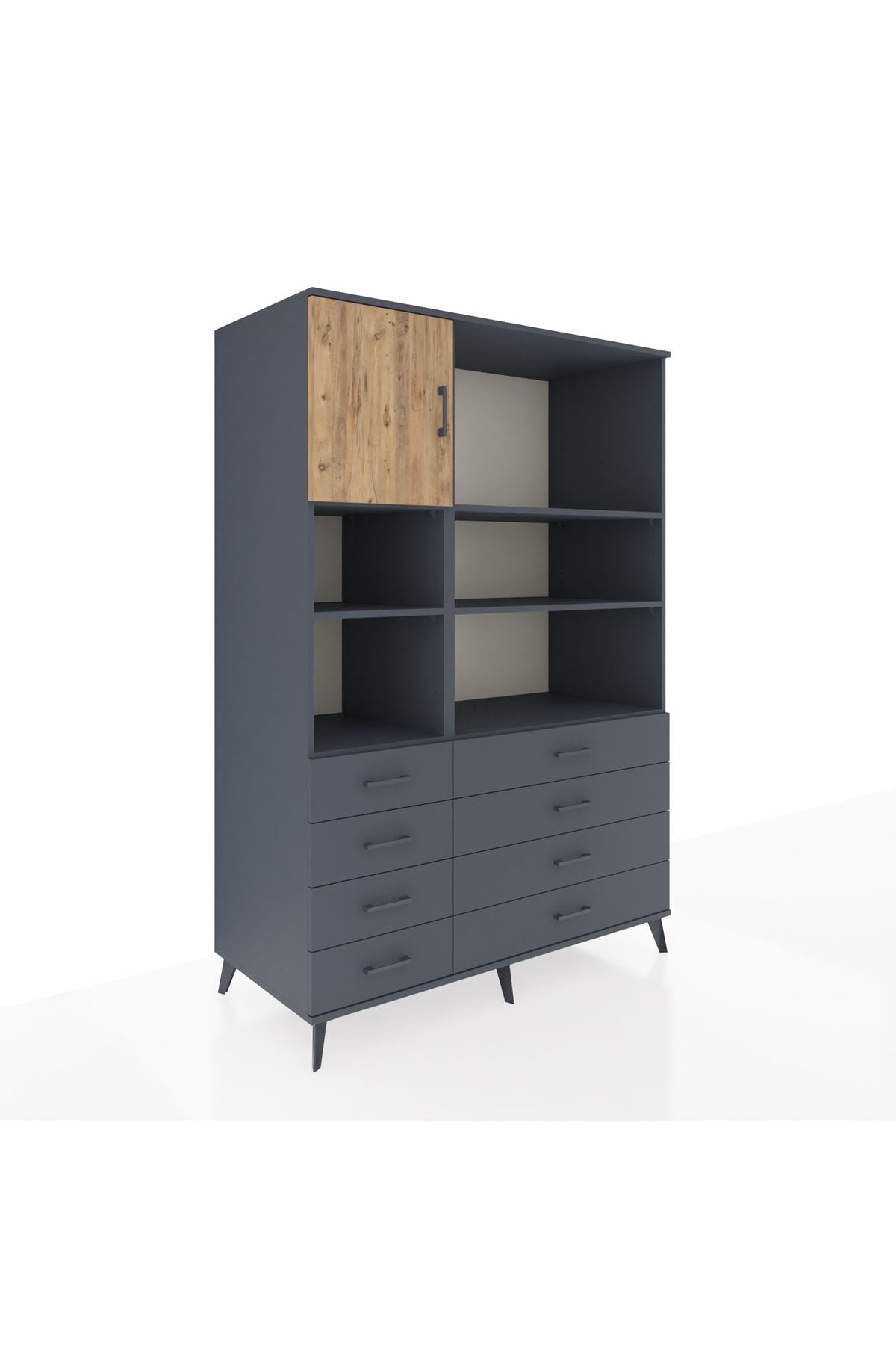 Kronos Dolap 7 Raflı 8 Çekmeceli Tek Kapaklı 132x59x195 Antrasit-Çam/Antrasit