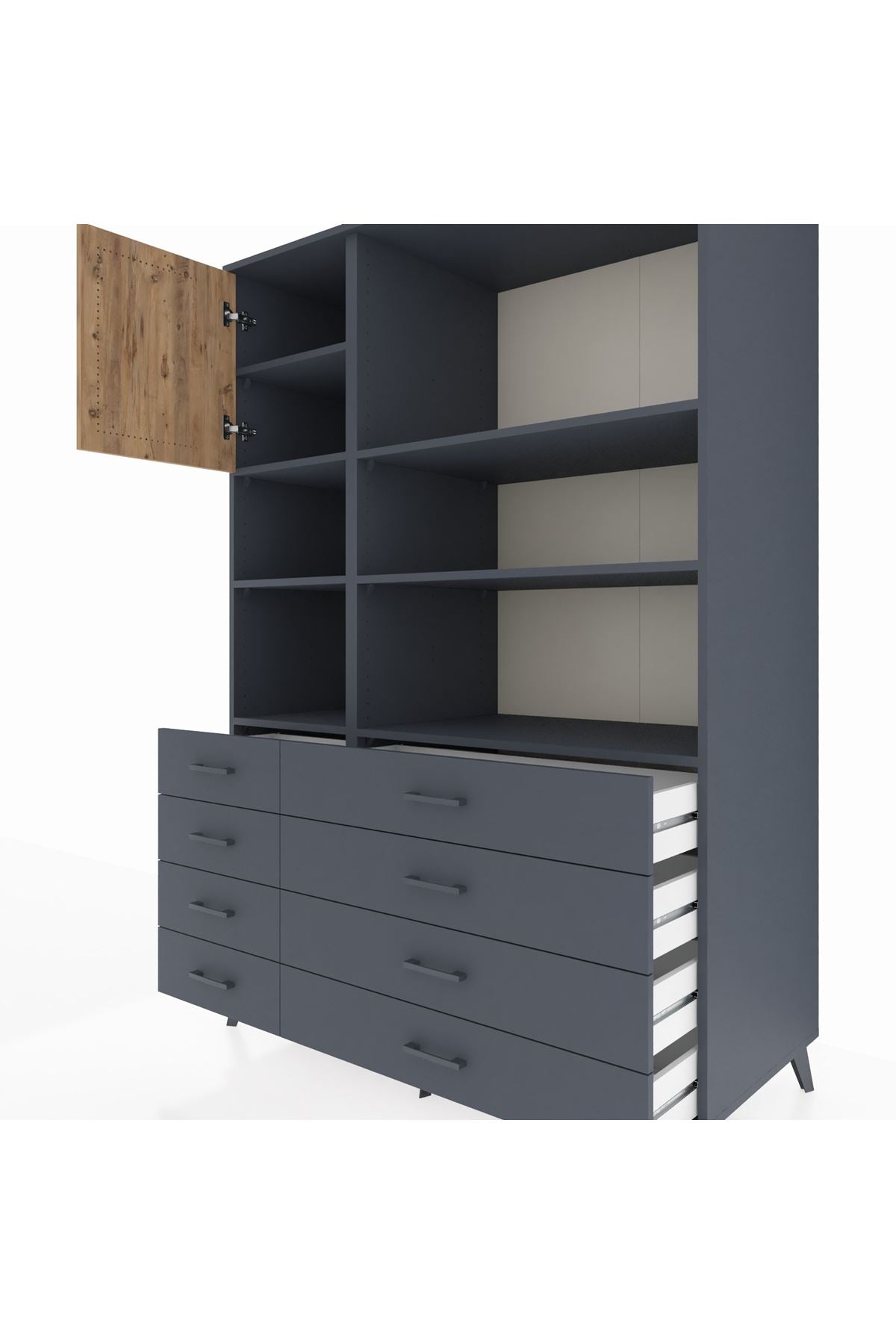 Kronos Dolap 7 Raflı 8 Çekmeceli Tek Kapaklı 132x59x195 Antrasit-Çam/Antrasit