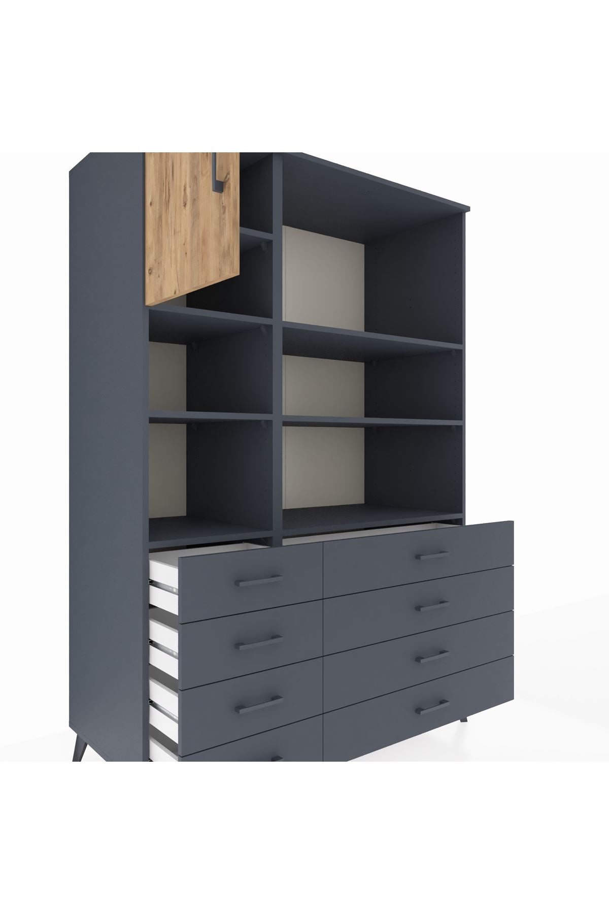 Kronos Dolap 7 Raflı 8 Çekmeceli Tek Kapaklı 132x59x195 Antrasit-Çam/Antrasit