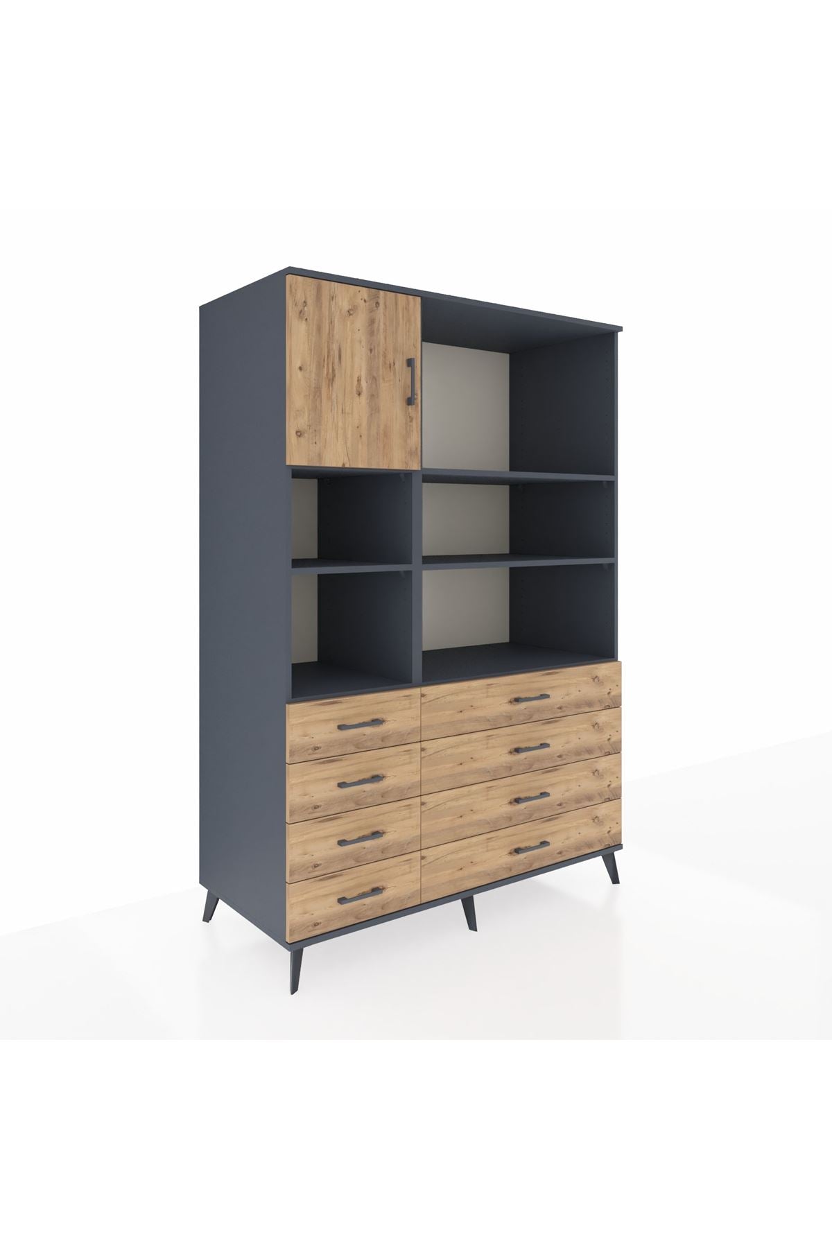 Kronos Dolap 7 Raflı 8 Çekmeceli Tek Kapaklı 132x59x195 Antrasit-Çam/Çam