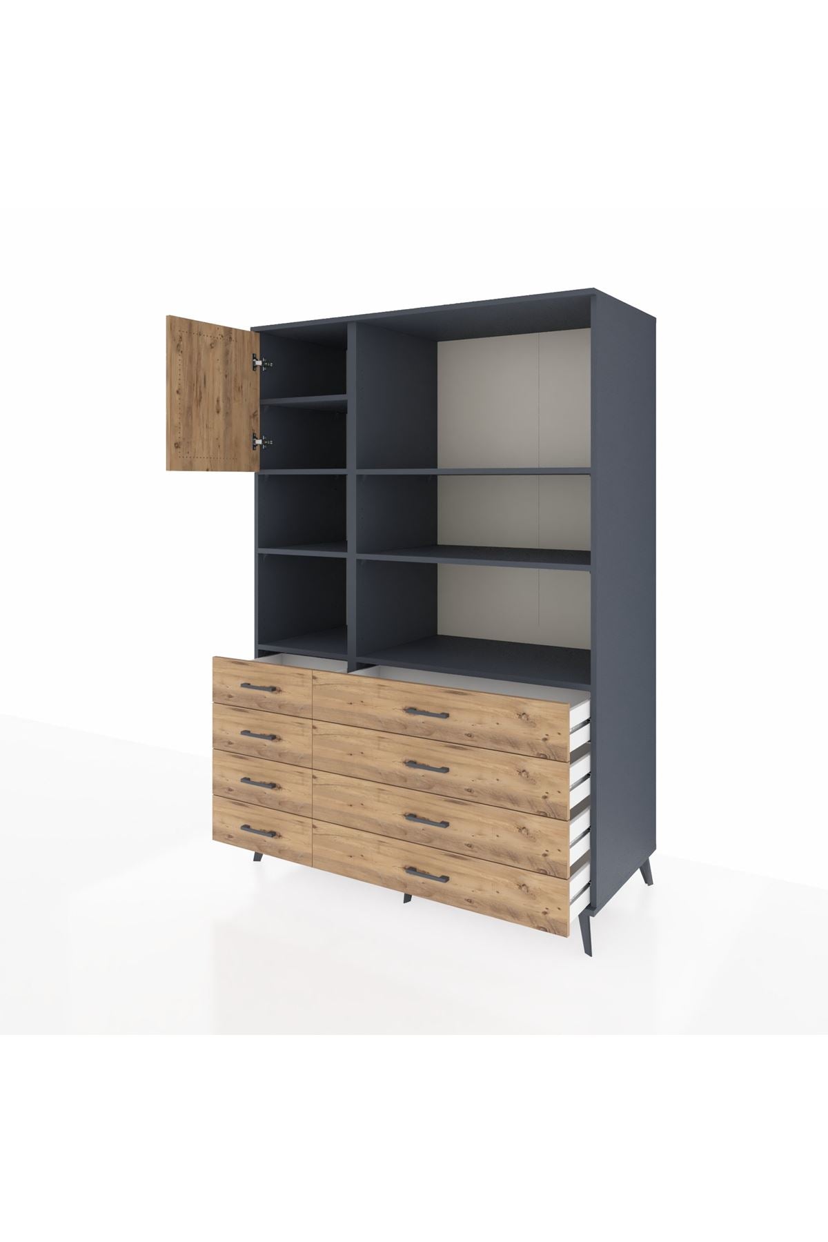 Kronos Dolap 7 Raflı 8 Çekmeceli Tek Kapaklı 132x59x195 Antrasit-Çam/Çam