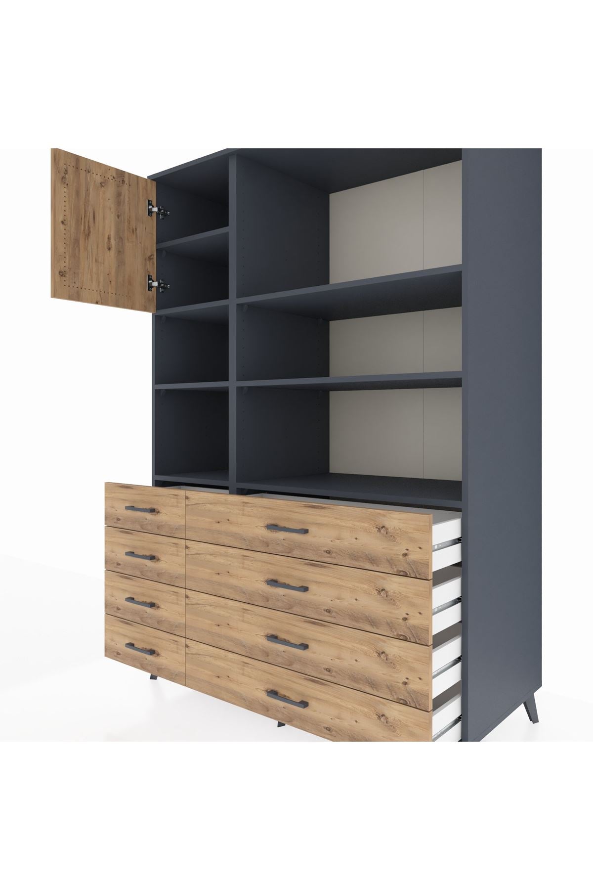 Kronos Dolap 7 Raflı 8 Çekmeceli Tek Kapaklı 132x59x195 Antrasit-Çam/Çam