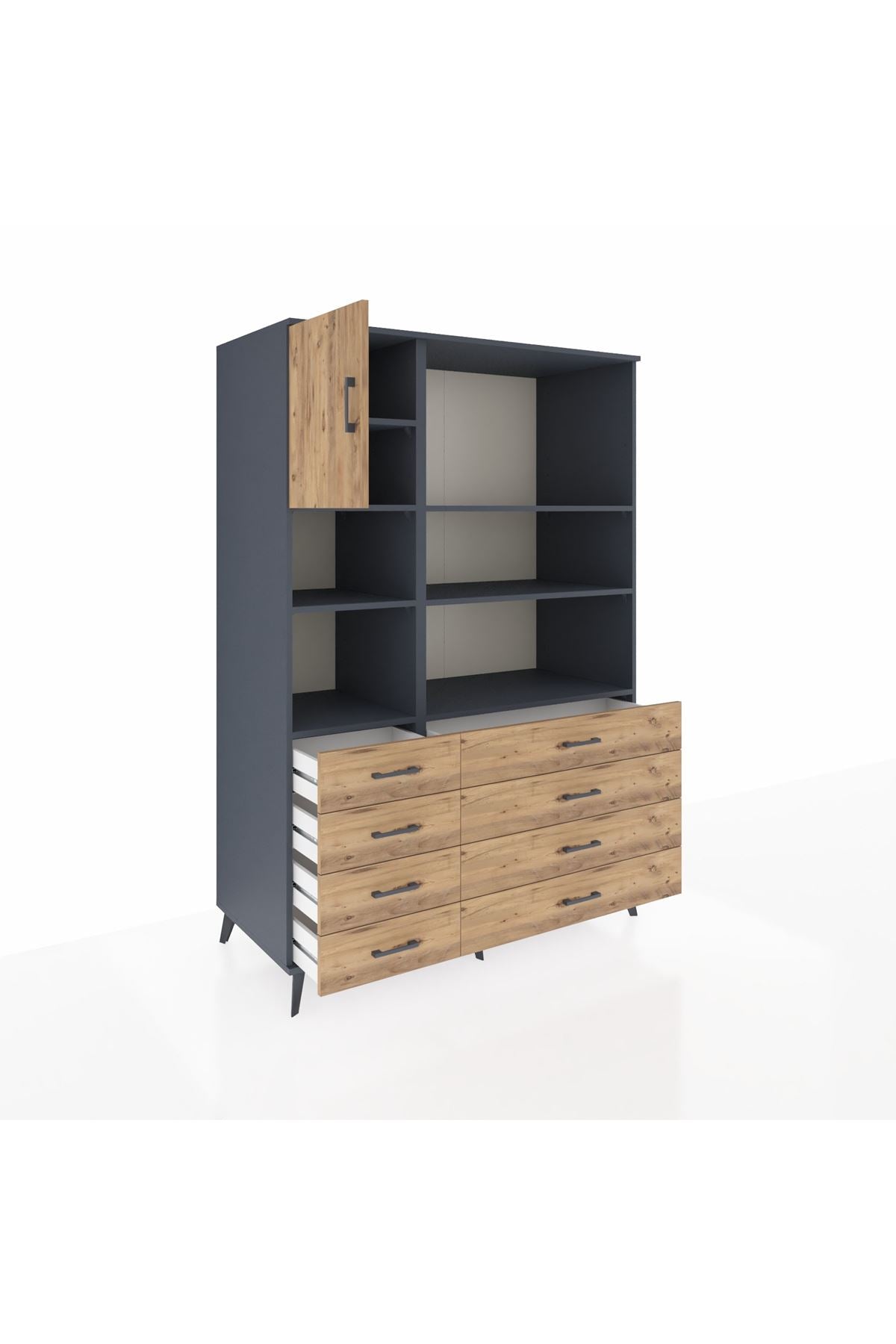 Kronos Dolap 7 Raflı 8 Çekmeceli Tek Kapaklı 132x59x195 Antrasit-Çam/Çam