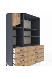 Kronos Dolap 7 Raflı 8 Çekmeceli Tek Kapaklı 132x59x195 Antrasit-Çam/Çam