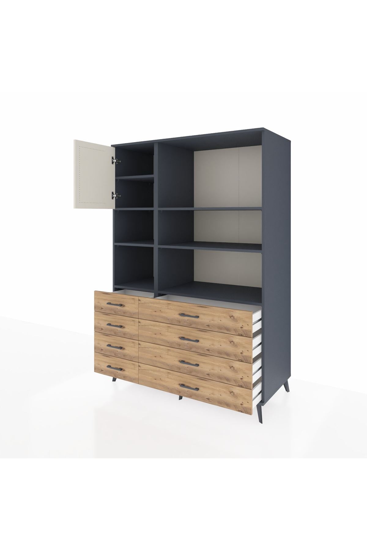 Kronos Dolap 7 Raflı 8 Çekmeceli Tek Kapaklı 132x59x195 Antrasit-Aytaşı/Çam