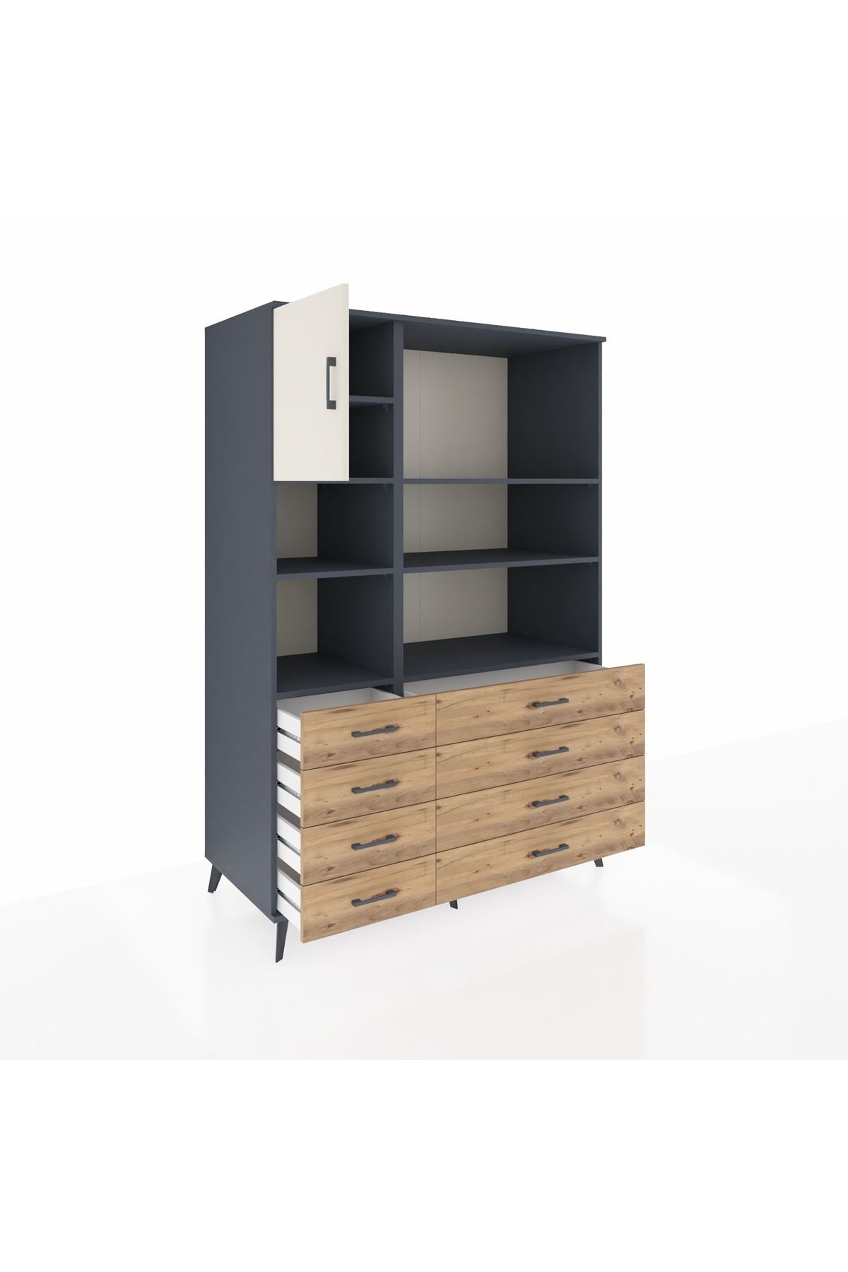 Kronos Dolap 7 Raflı 8 Çekmeceli Tek Kapaklı 132x59x195 Antrasit-Aytaşı/Çam