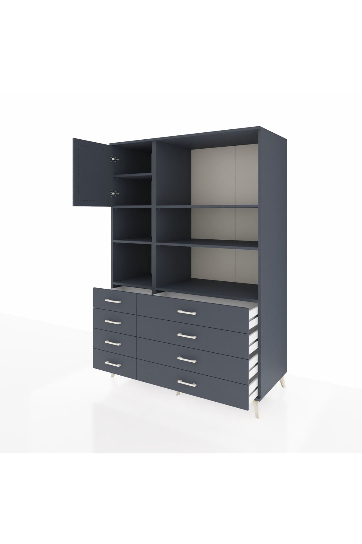 Kronos Dolap 7 Raflı 8 Çekmeceli Tek Kapaklı 132x59x195 Antrasit-Antrasit/Antrasit