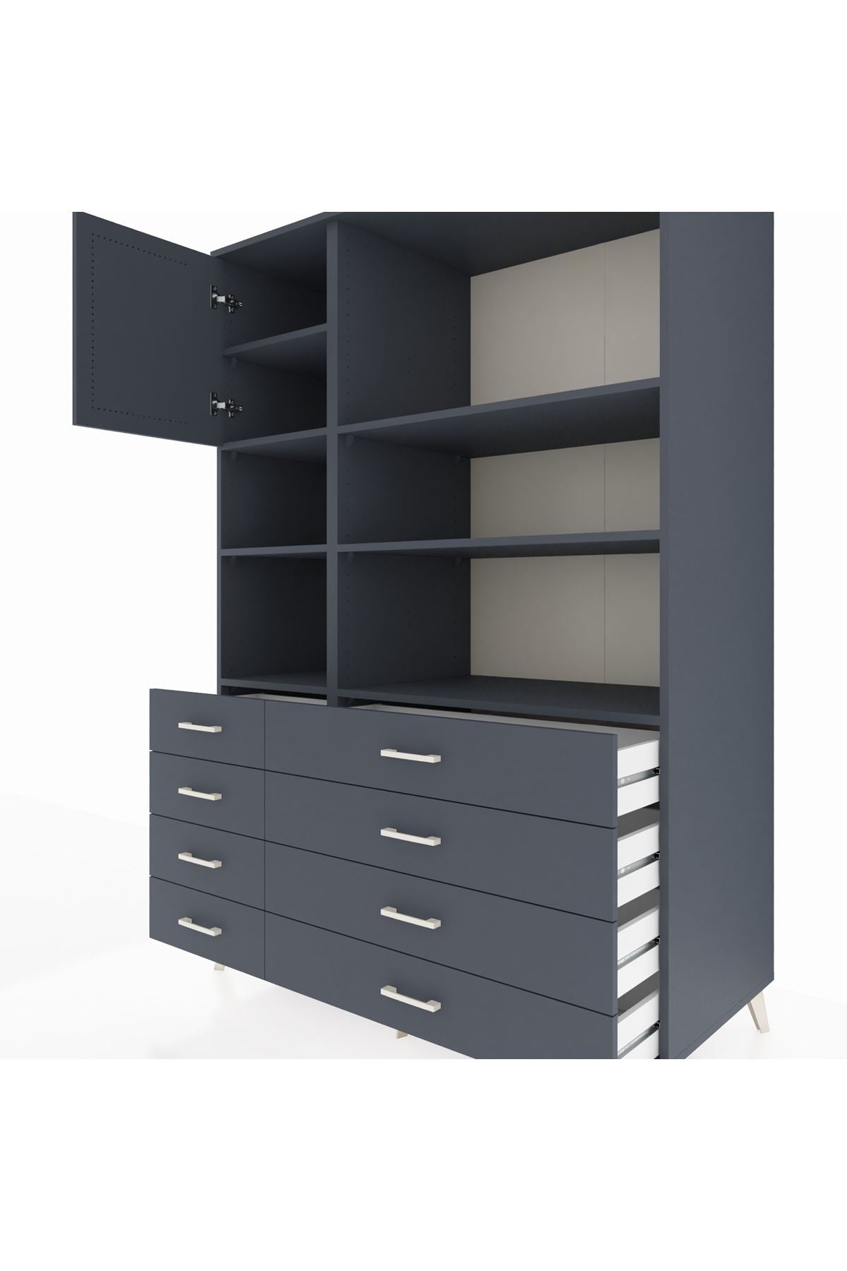 Kronos Dolap 7 Raflı 8 Çekmeceli Tek Kapaklı 132x59x195 Antrasit-Antrasit/Antrasit