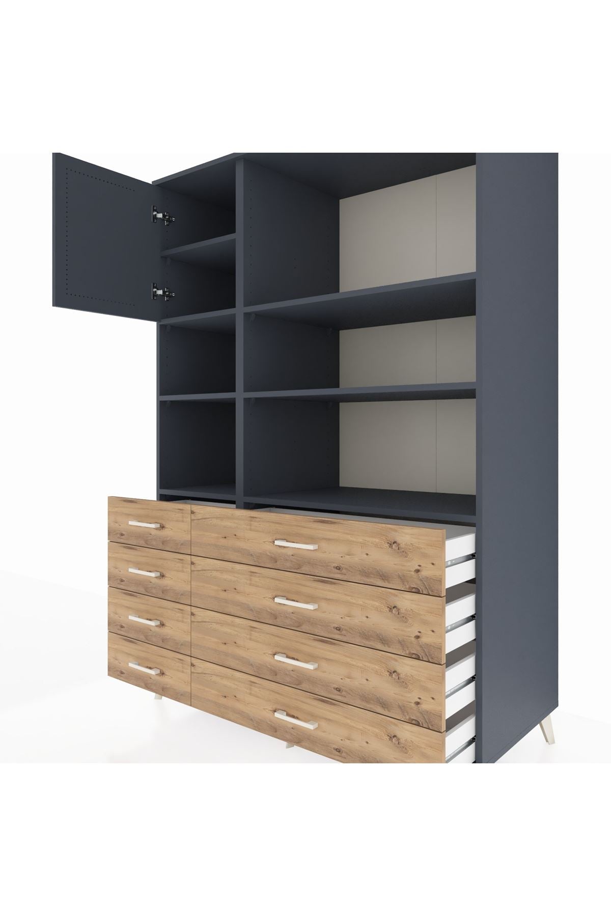 Kronos Dolap 7 Raflı 8 Çekmeceli Tek Kapaklı 132x59x195 Antrasit-Antrasit/Çam