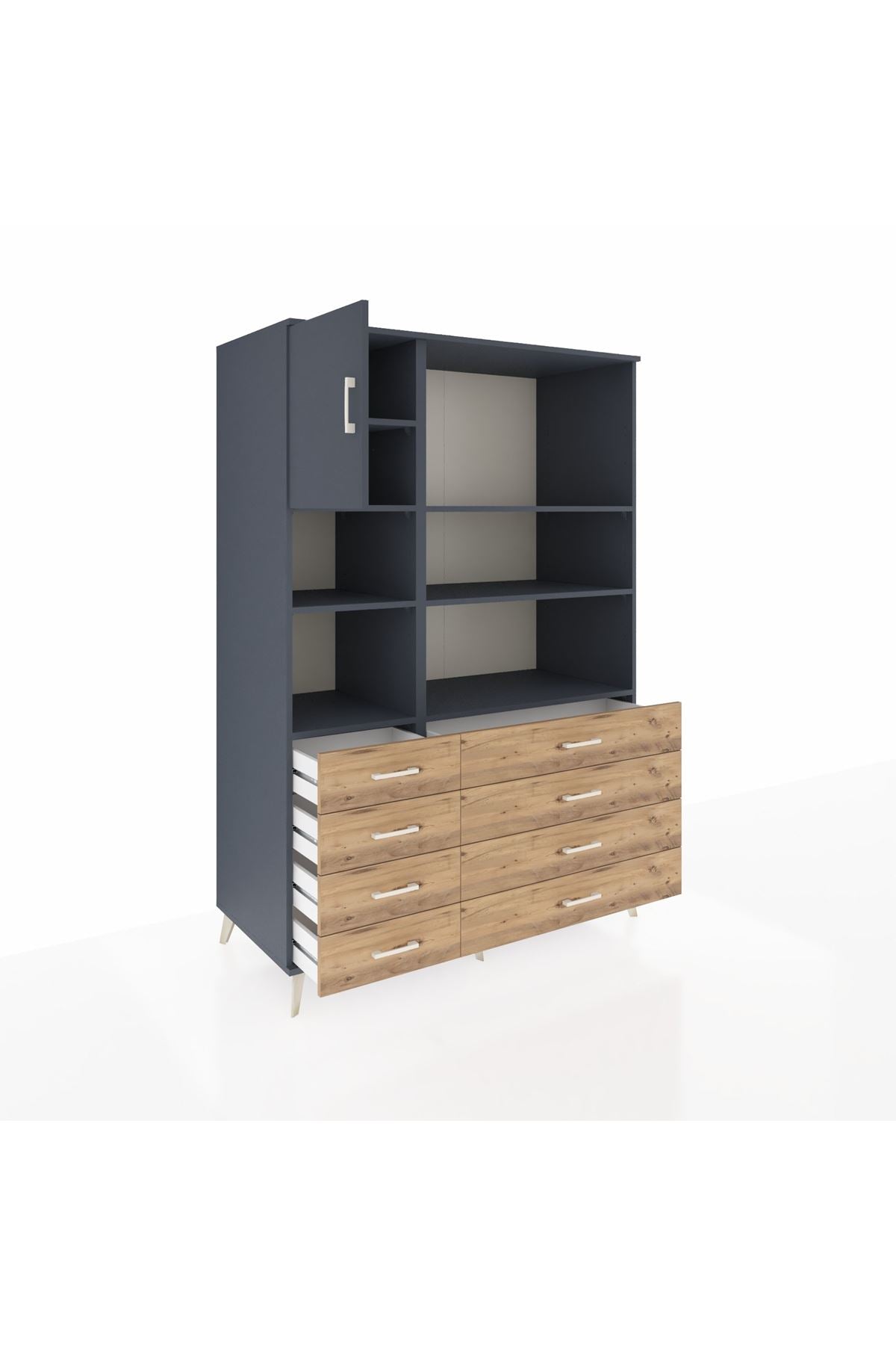 Kronos Dolap 7 Raflı 8 Çekmeceli Tek Kapaklı 132x59x195 Antrasit-Antrasit/Çam