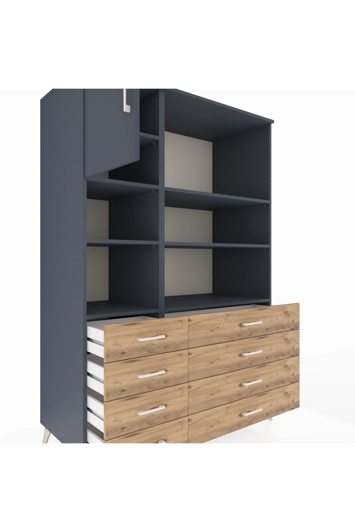 Kronos Dolap 7 Raflı 8 Çekmeceli Tek Kapaklı 132x59x195 Antrasit-Antrasit/Çam