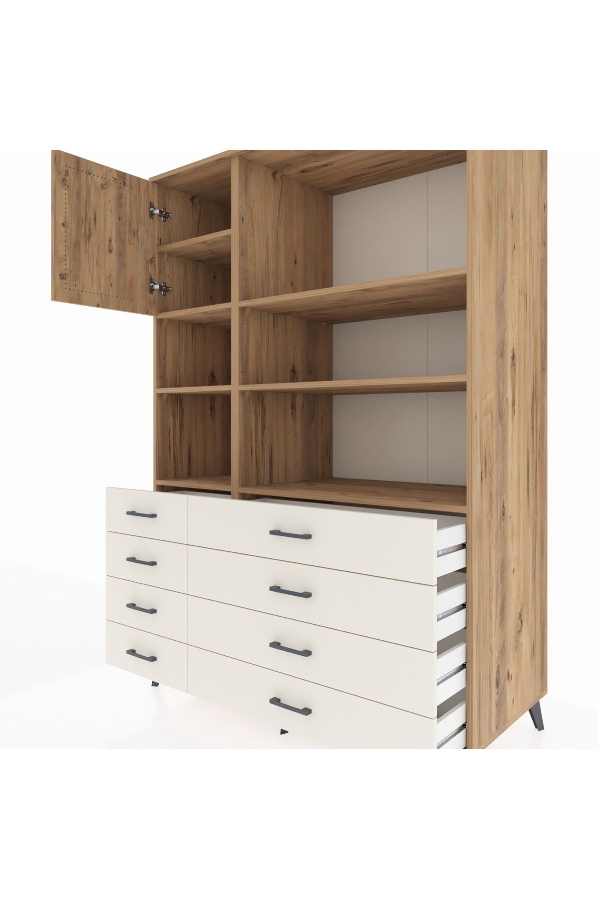 Kronos Dolap 7 Raflı 8 Çekmeceli Tek Kapaklı 132x59x195 Çam-Çam/Aytaşı