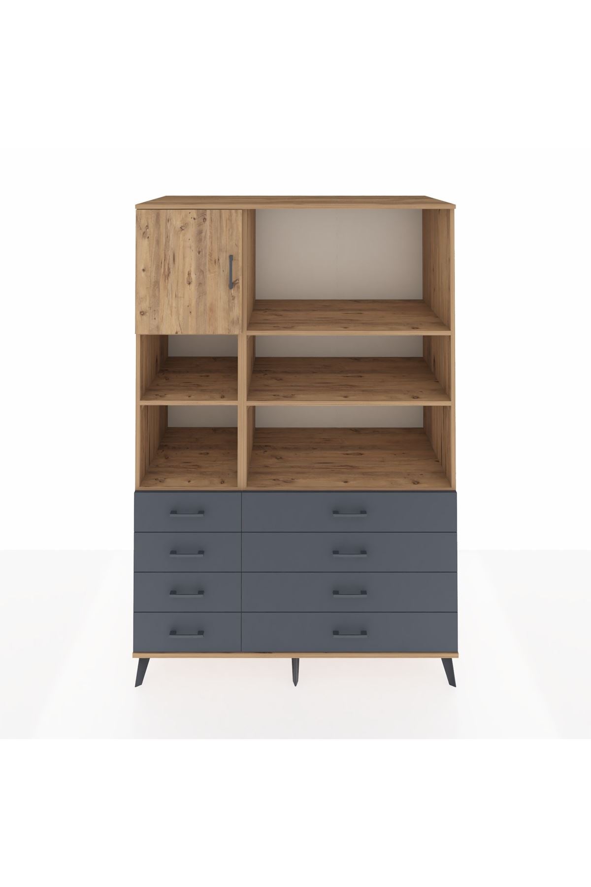 Kronos Dolap 7 Raflı 8 Çekmeceli Tek Kapaklı 132x59x195 Çam-Çam/Antrasit