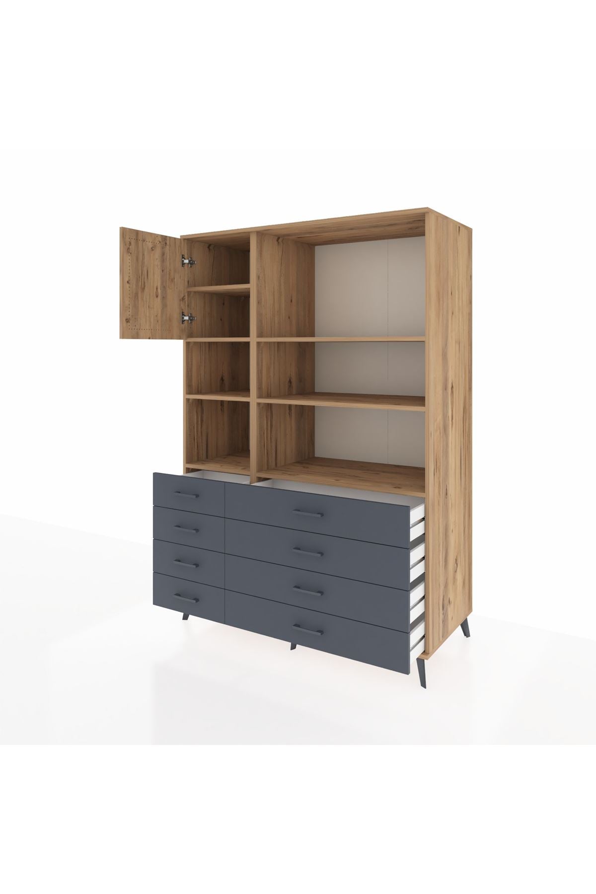 Kronos Dolap 7 Raflı 8 Çekmeceli Tek Kapaklı 132x59x195 Çam-Çam/Antrasit