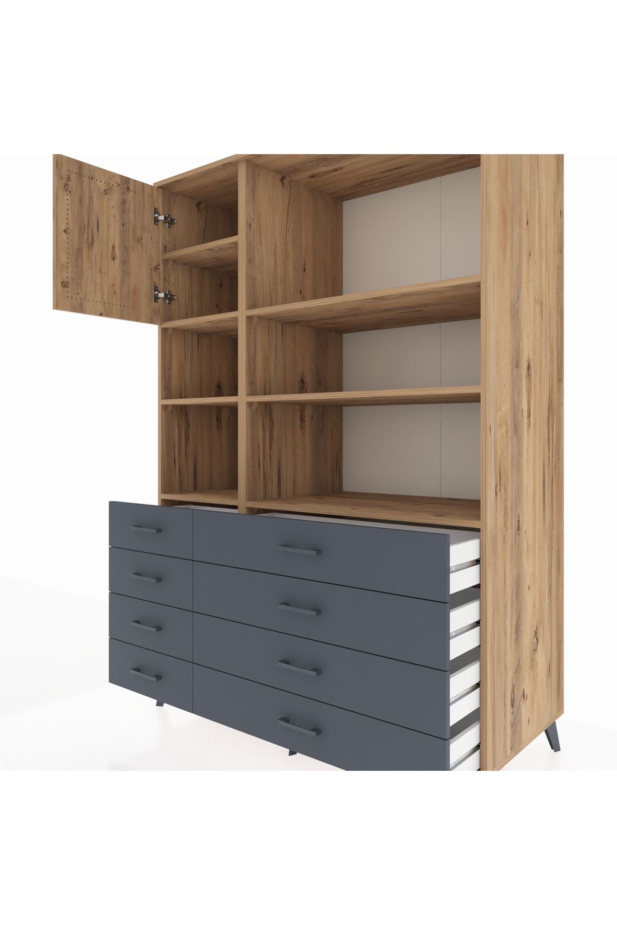 Kronos Dolap 7 Raflı 8 Çekmeceli Tek Kapaklı 132x59x195 Çam-Çam/Antrasit