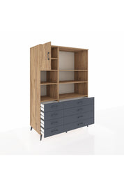 Kronos Dolap 7 Raflı 8 Çekmeceli Tek Kapaklı 132x59x195 Çam-Çam/Antrasit