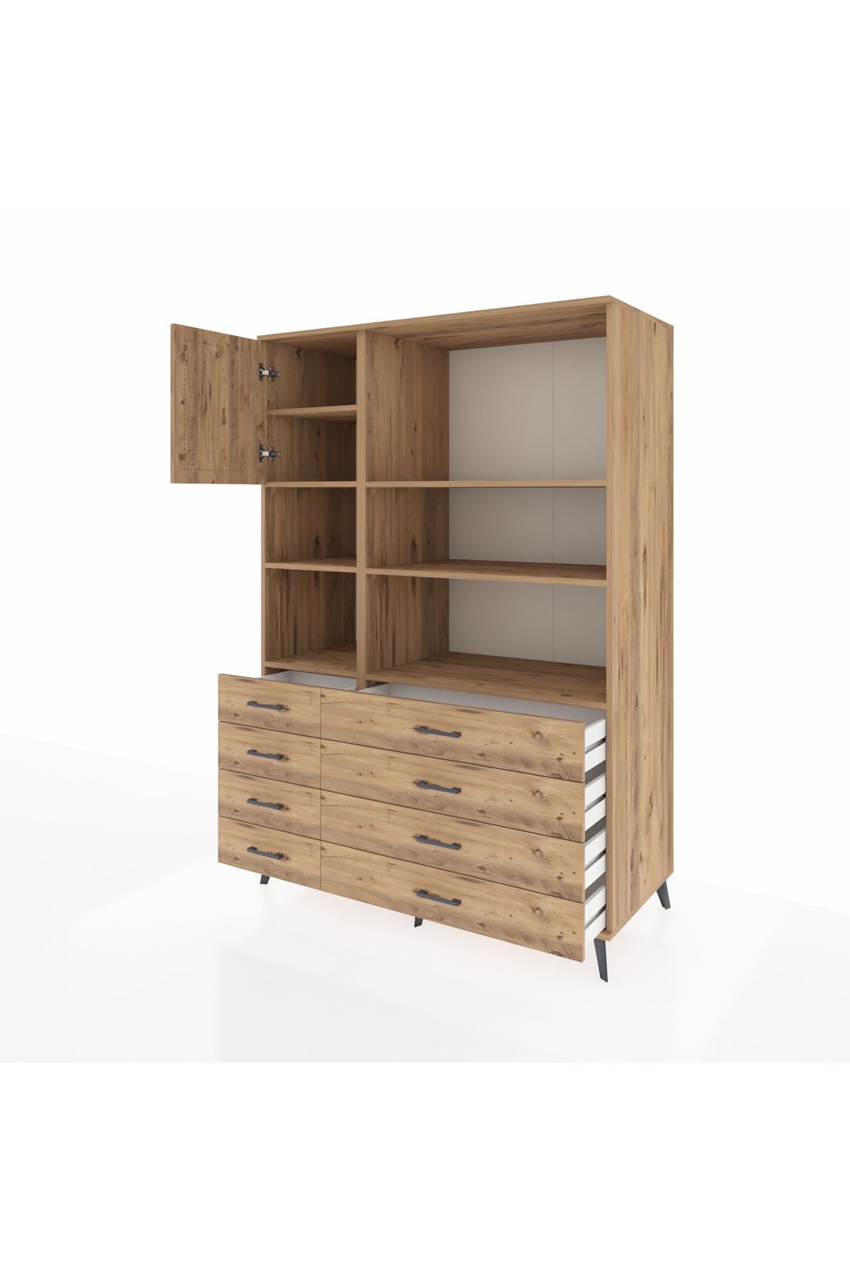 Kronos Dolap 7 Raflı 8 Çekmeceli Tek Kapaklı 132x59x195 Çam-Çam/Çam